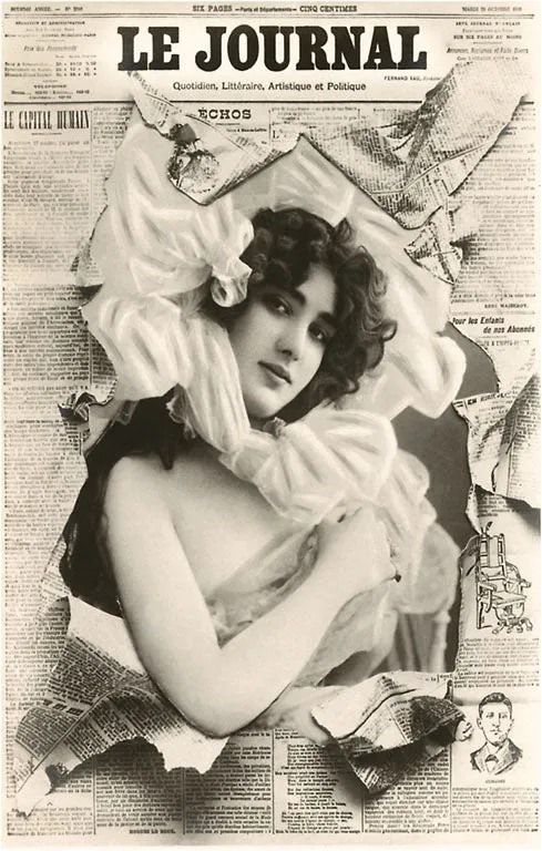 BW-33 French Beauty Breaking out of Newspaper - Vintage Image