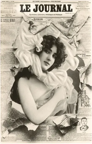 BW-33 French Beauty Breaking out of Newspaper - Vintage Image