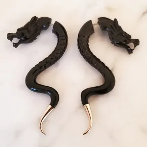 Carved Back Dragon Silver Tip Split Gauge Earrings Gothic Fantasy