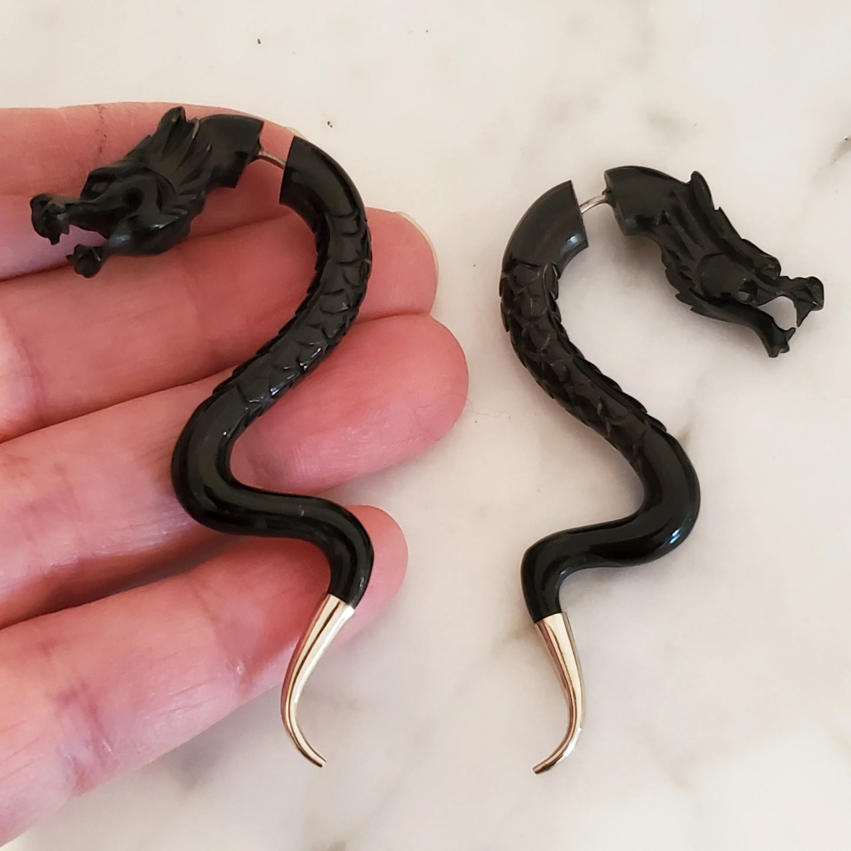 Carved Back Dragon Silver Tip Split Gauge Earrings Gothic Fantasy