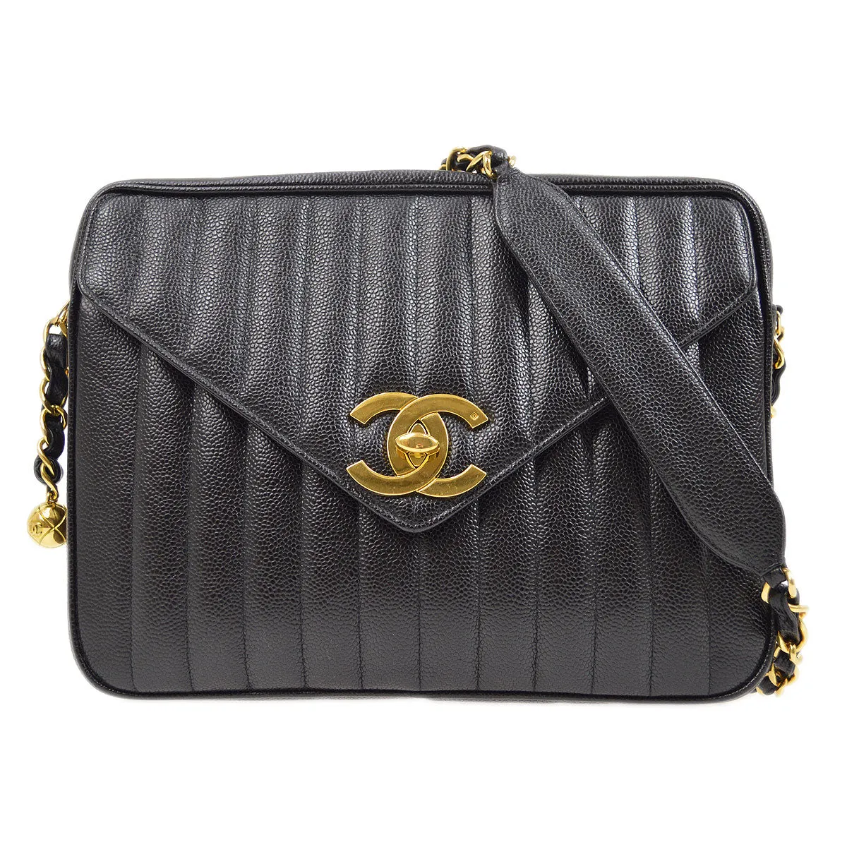 CHANEL 1994-1996 Black Caviar Vertical Pocket Camera Bag Jumbo