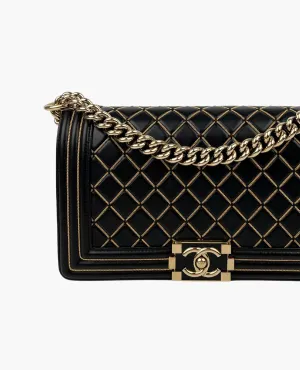 Chanel Boy Old Medium Black Quilted Leather Chain Detail Flap Bag