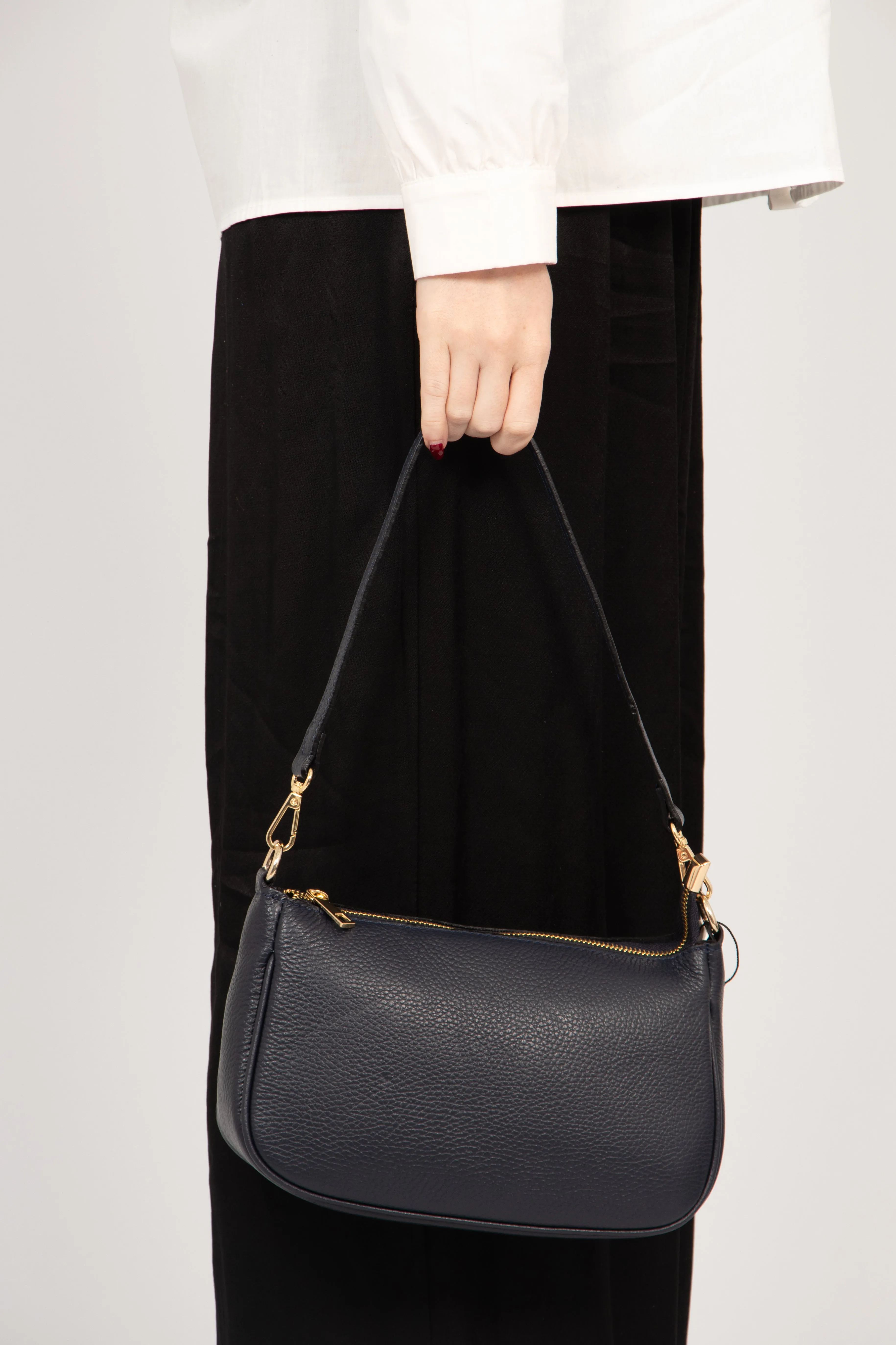 Chloe - Italian Leather Baguette Bag - Navy Blue, Pebbled