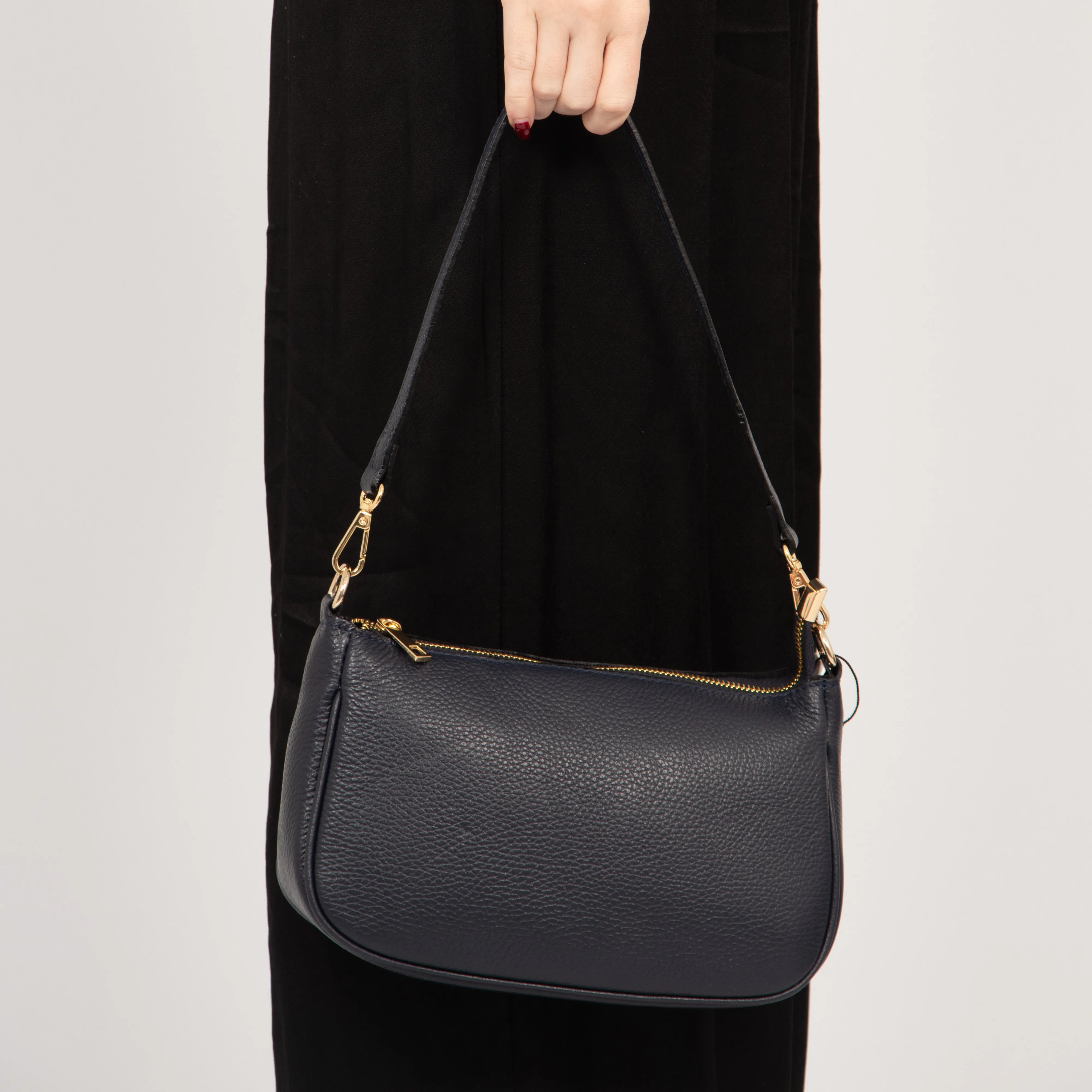 Chloe - Italian Leather Baguette Bag - Navy Blue, Pebbled