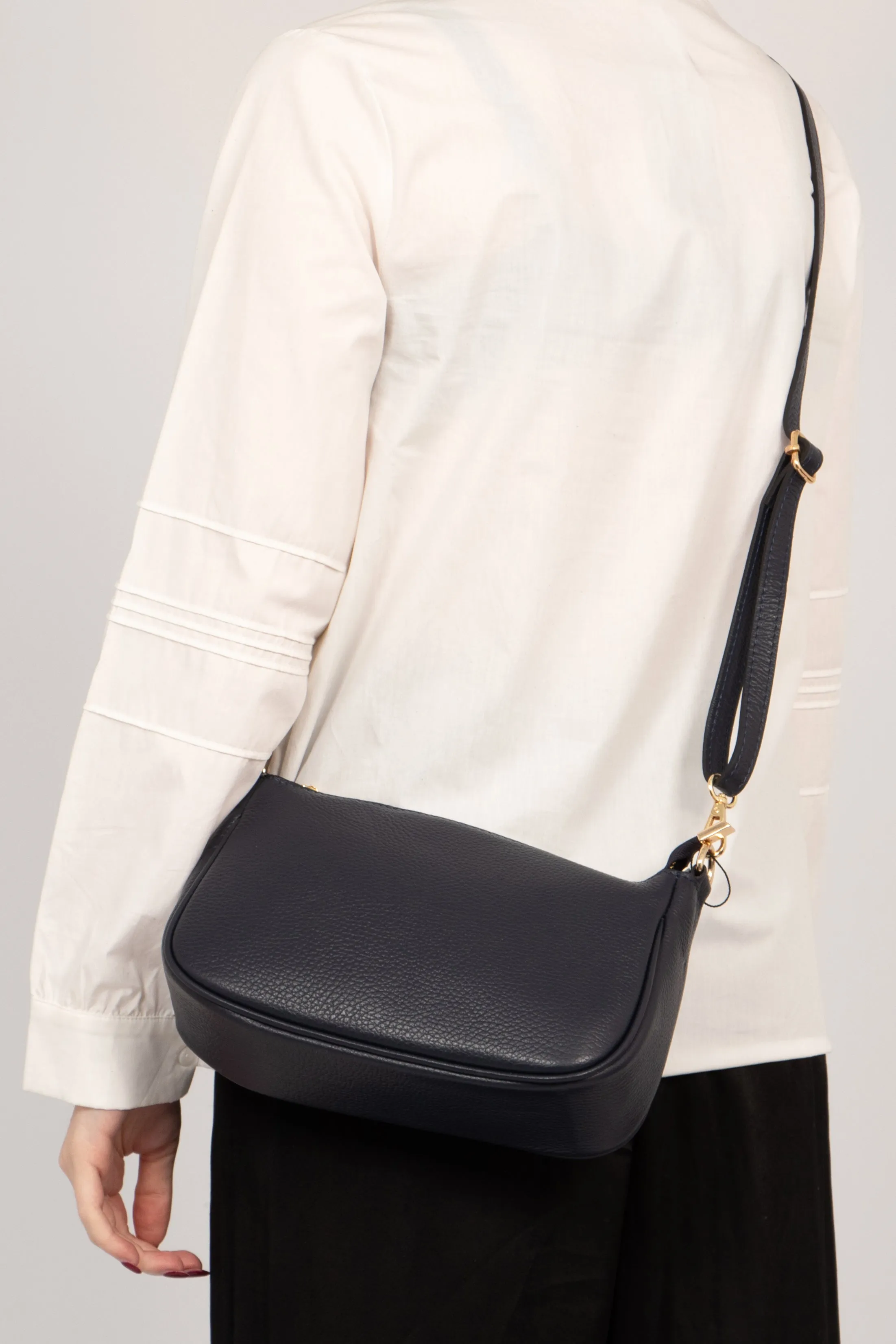 Chloe - Italian Leather Baguette Bag - Navy Blue, Pebbled