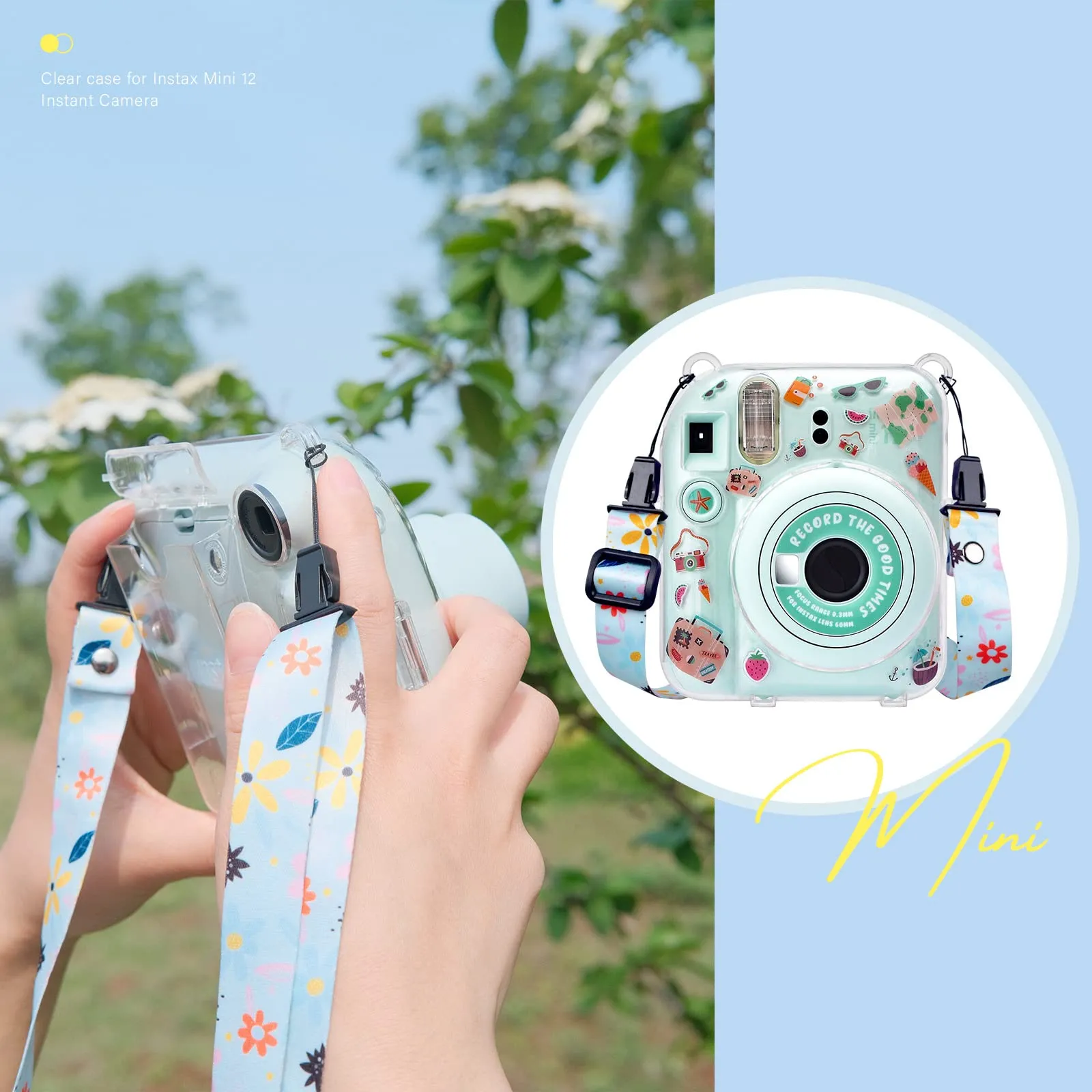 Clear Case For Fujifilm Mini 12 Instant Camera, Hard PC Cover with Adjustable Strap and Pocket & Decorative sticker - Green