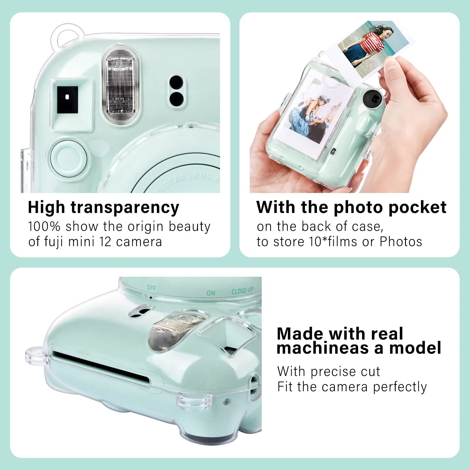 Clear Case For Fujifilm Mini 12 Instant Camera, Hard PC Cover with Adjustable Strap and Pocket & Decorative sticker - Green