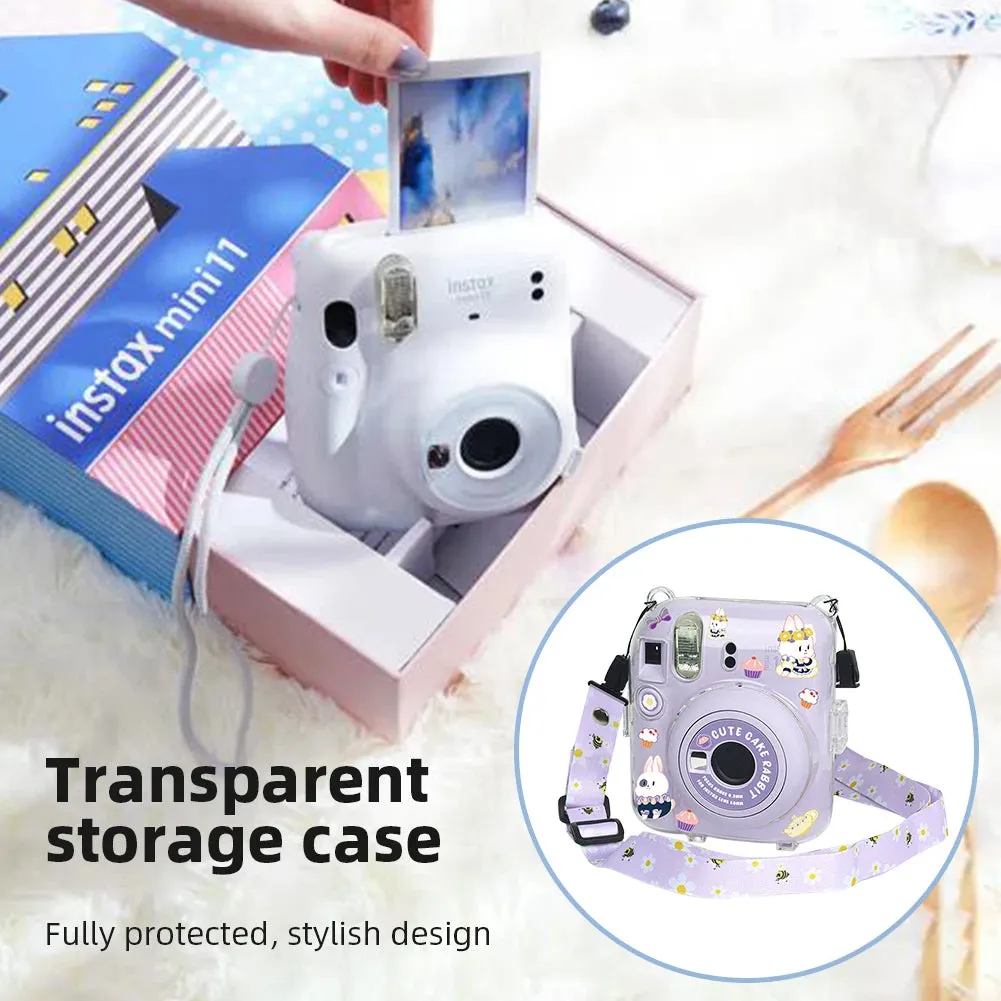 Clear Case For Fujifilm Mini 12 Instant Camera, Hard PC Cover with Adjustable Strap and Pocket & Decorative sticker - Green