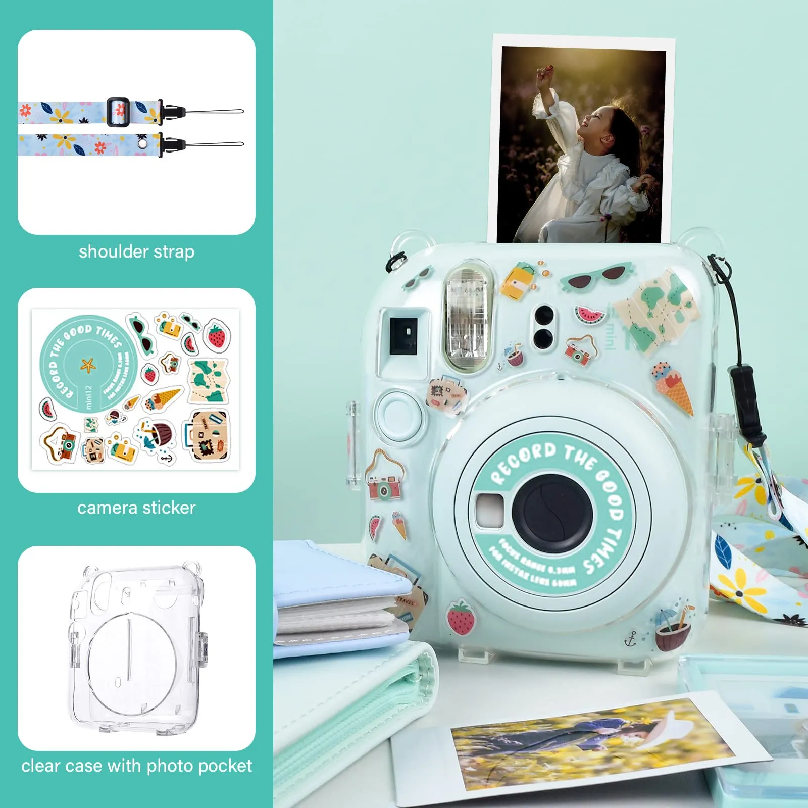 Clear Case For Fujifilm Mini 12 Instant Camera, Hard PC Cover with Adjustable Strap and Pocket & Decorative sticker - Green