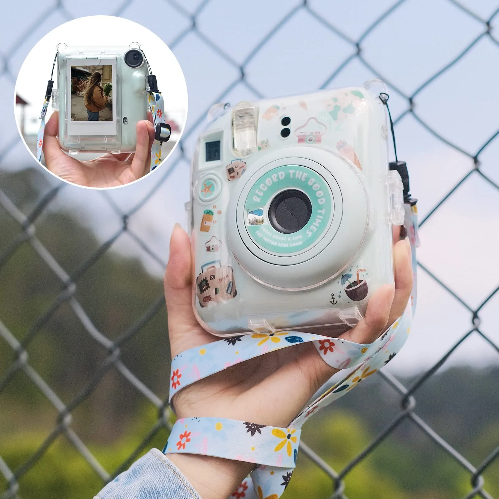 Clear Case For Fujifilm Mini 12 Instant Camera, Hard PC Cover with Adjustable Strap and Pocket & Decorative sticker - Green