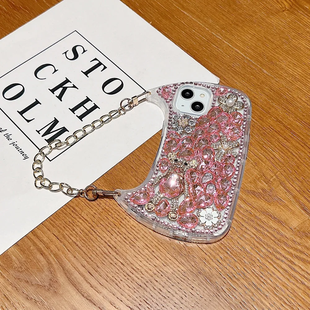 Colorful Diamond Phone Case With Metal Chain Strap - iPhone 15 Pro Max