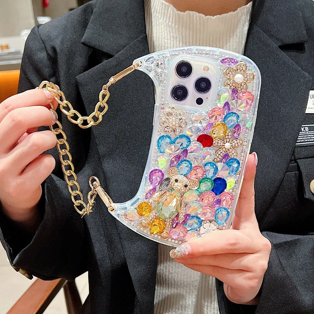 Colorful Diamond Phone Case With Metal Chain Strap - iPhone 15 Pro Max