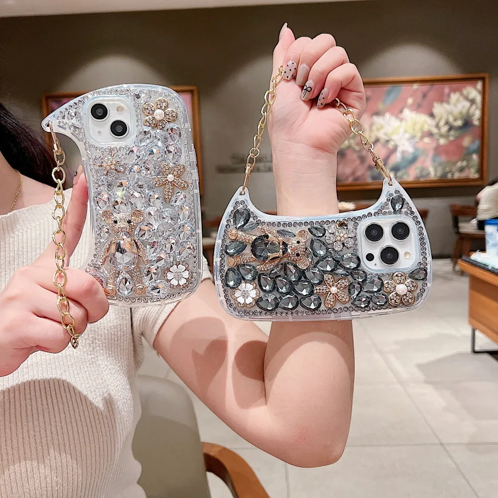 Colorful Diamond Phone Case With Metal Chain Strap - iPhone 15 Pro Max