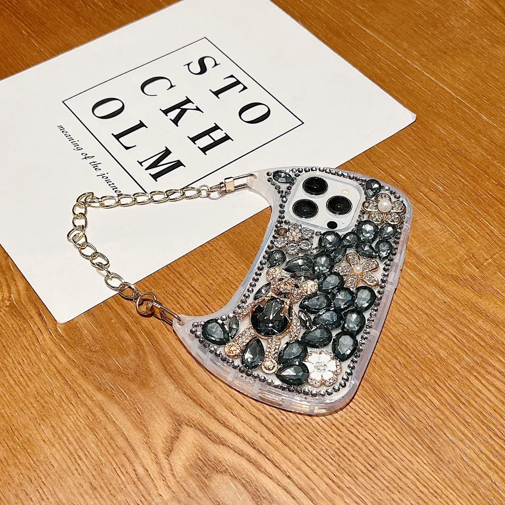 Colorful Diamond Phone Case With Metal Chain Strap - iPhone 15 Pro Max