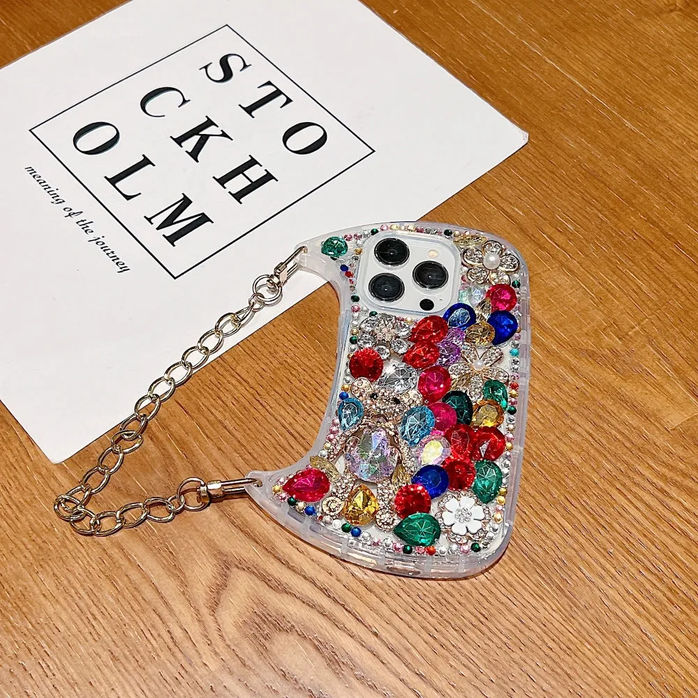 Colorful Diamond Phone Case With Metal Chain Strap - iPhone 15 Pro Max
