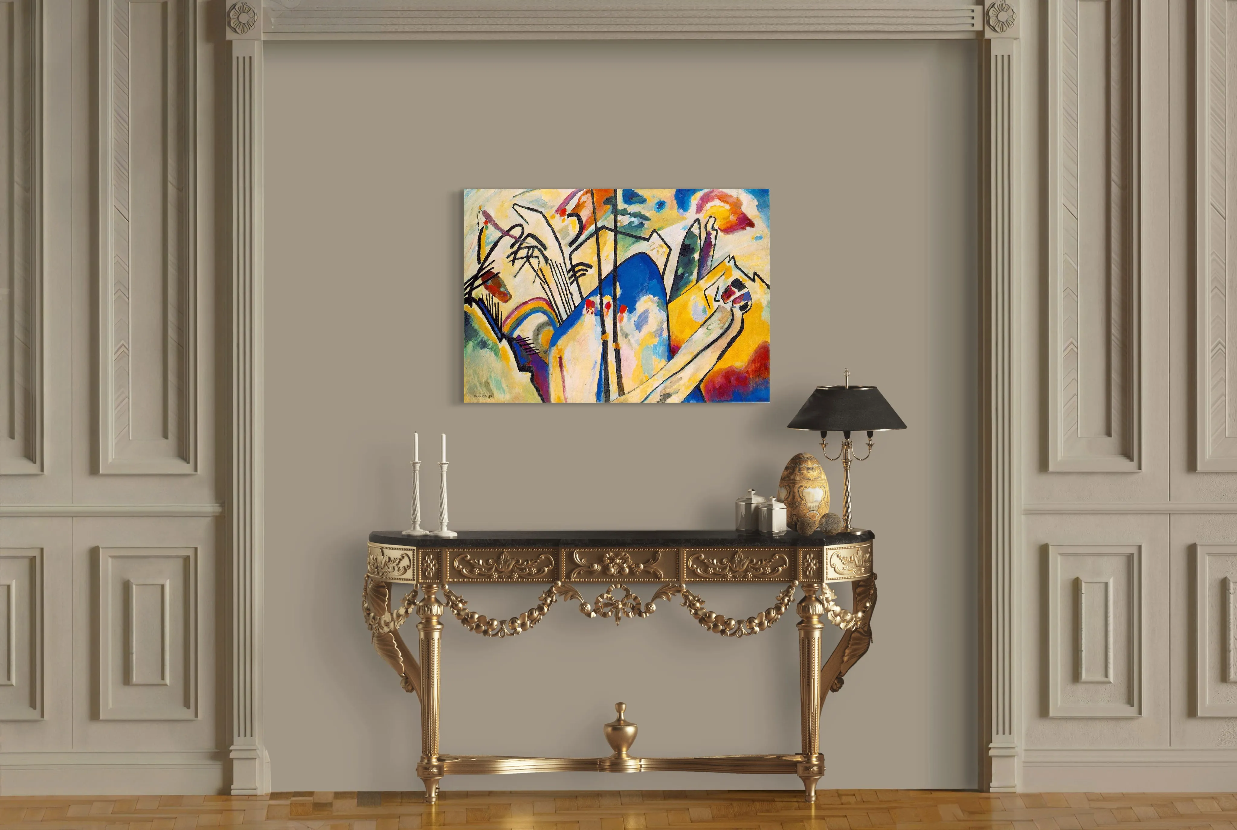 Composition IV - Painted by Wassily Kandinsky - Circa. 1913. High Quality Polyester Cotton Canvas Print. Ready to be Framed. Available in Two Sizes - 40cm X 60cm & 70cm x 100cm.