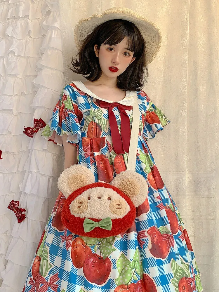 Cute Strawberry Teddy Bear Doll Shoulder Messenger Bag
