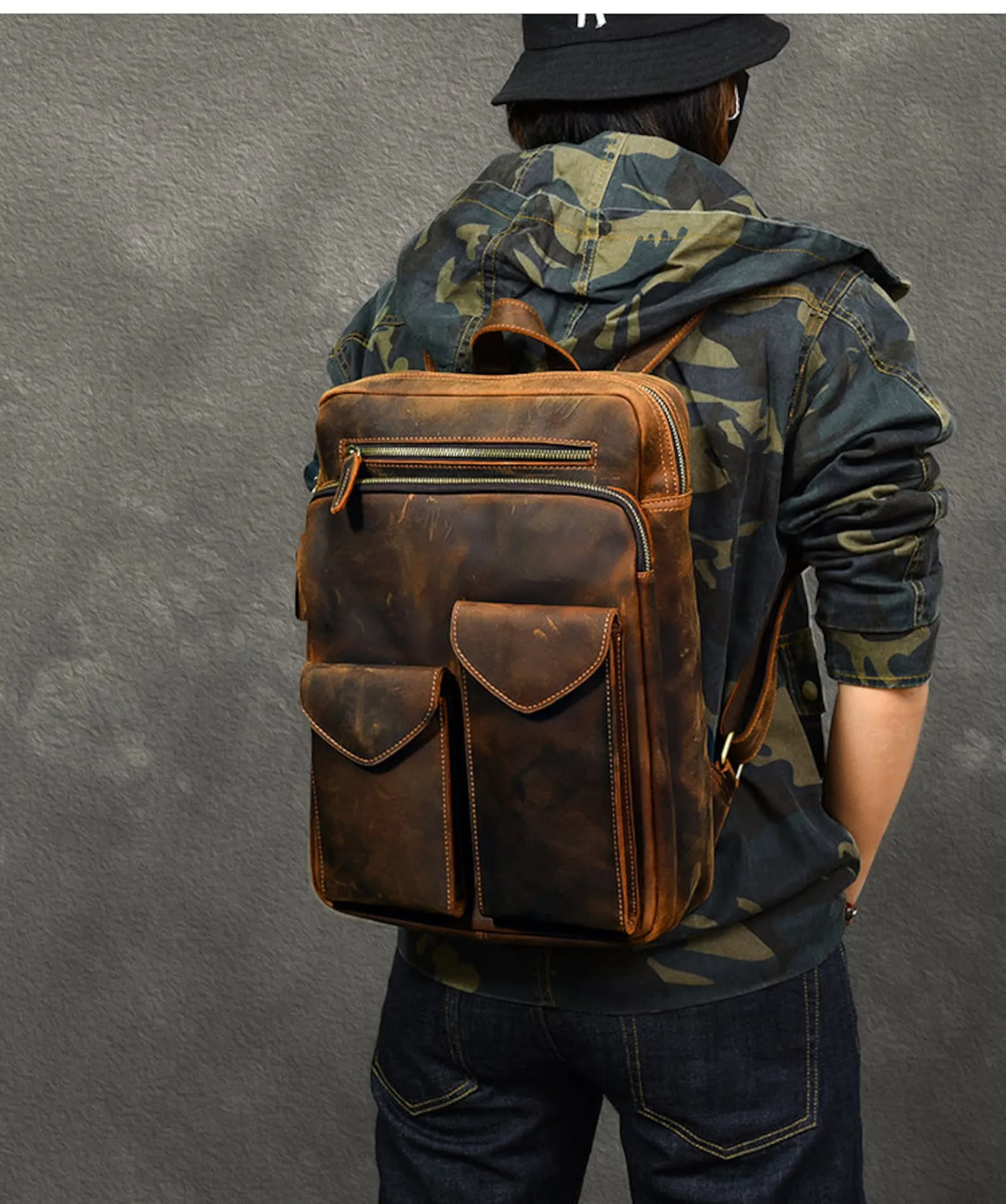 dark brown leather backpack