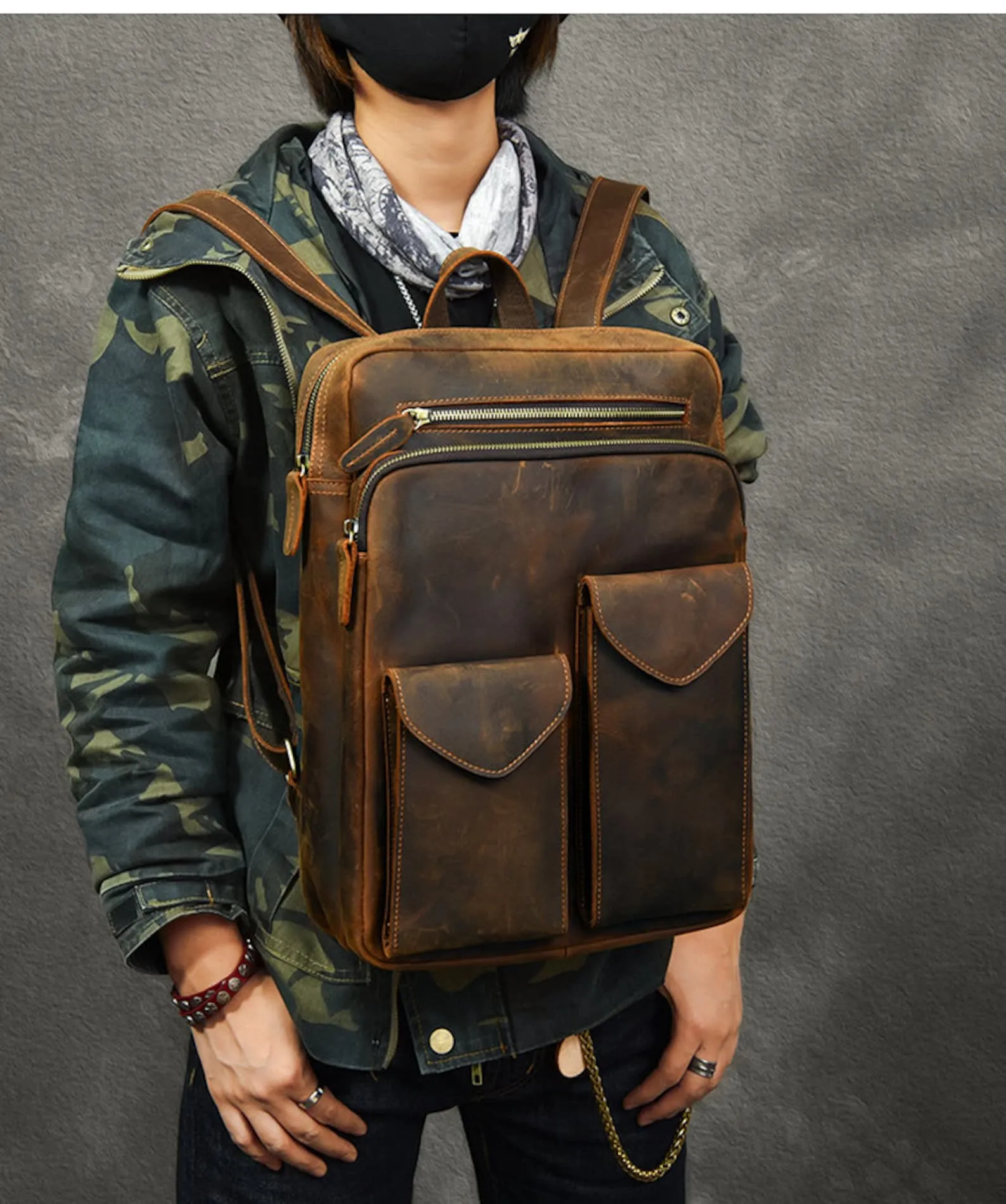 dark brown leather backpack