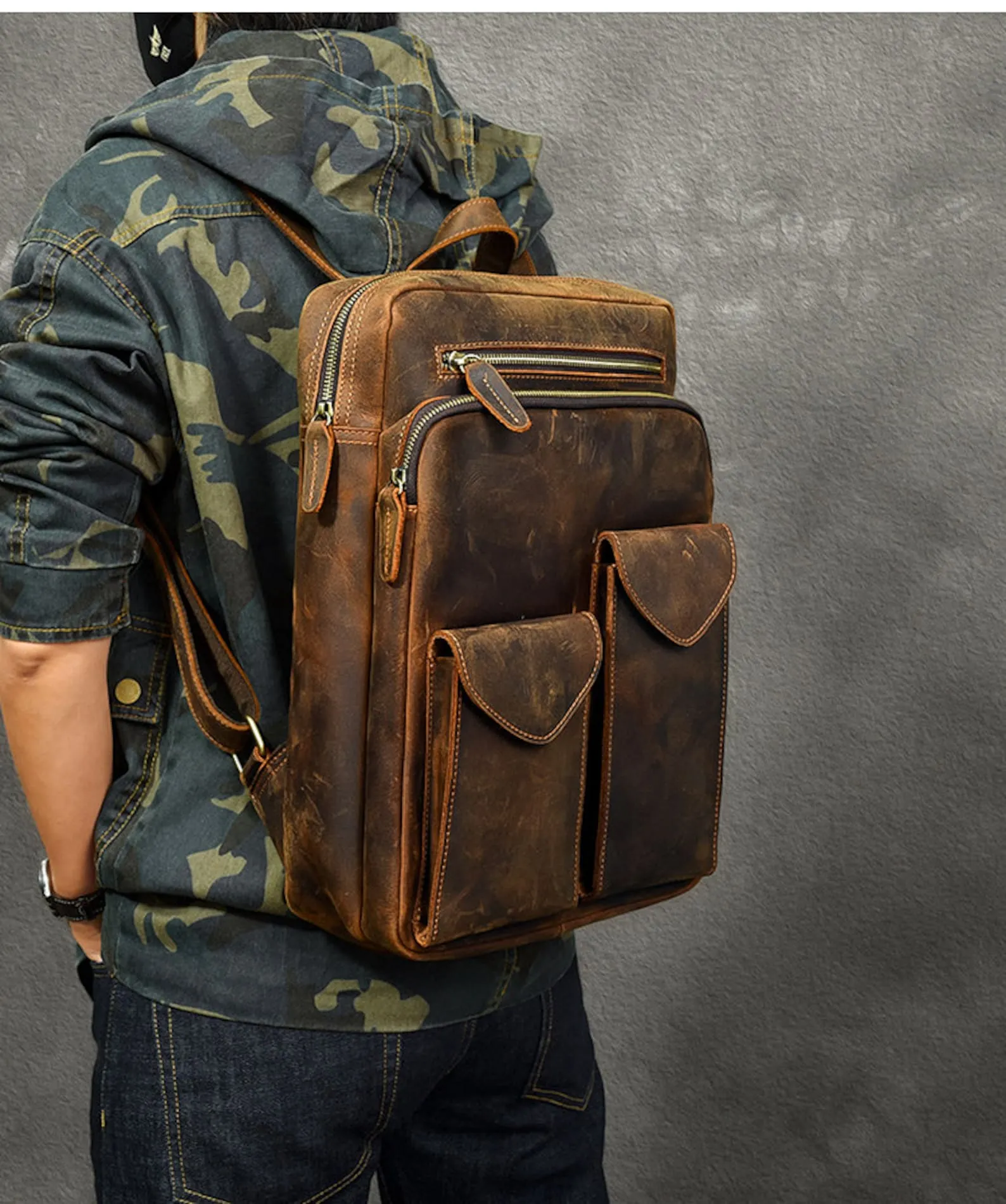 dark brown leather backpack