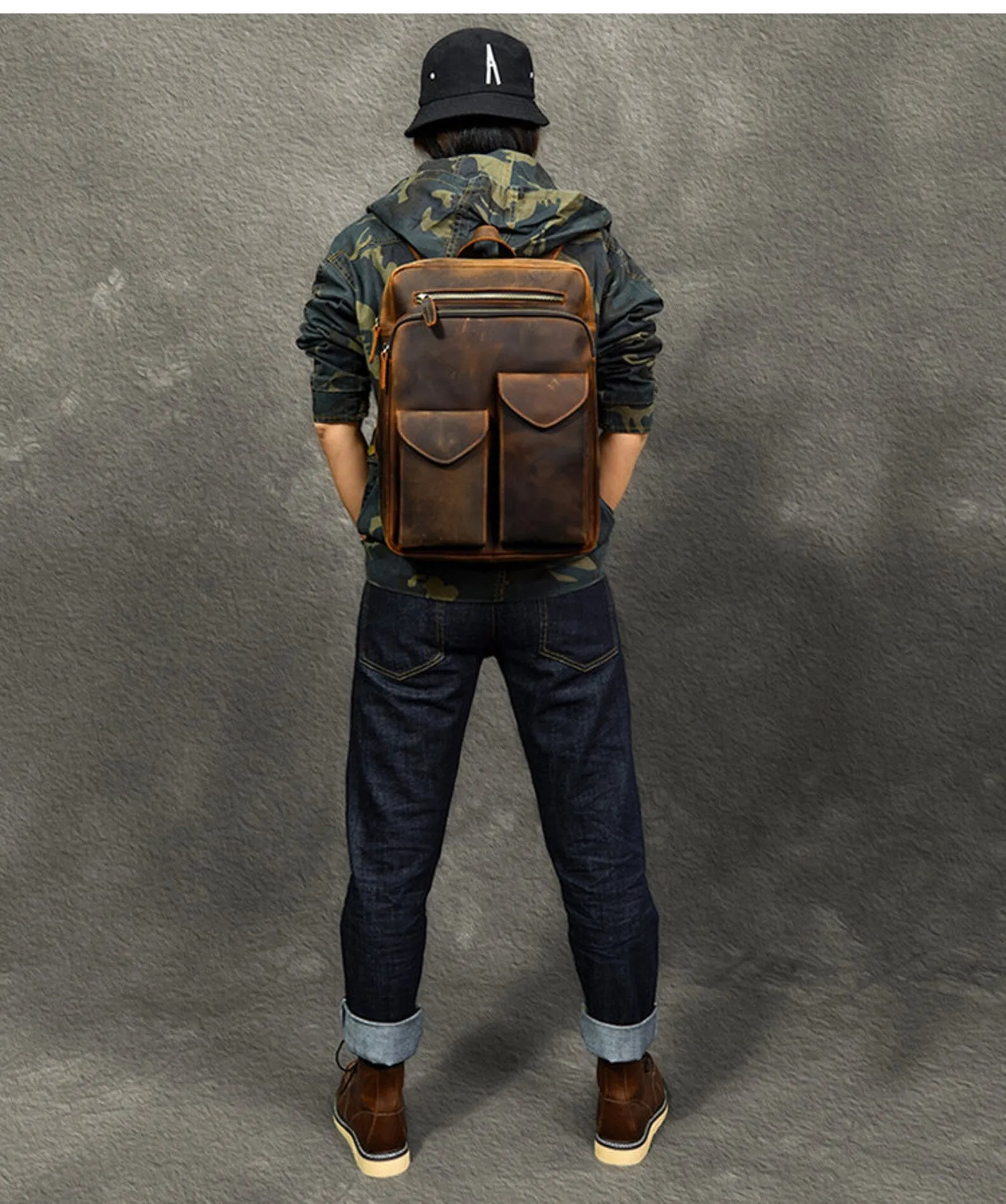 dark brown leather backpack