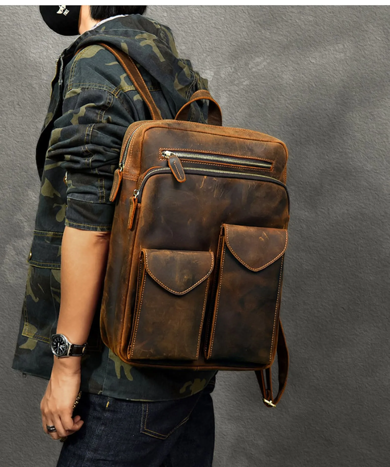 dark brown leather backpack