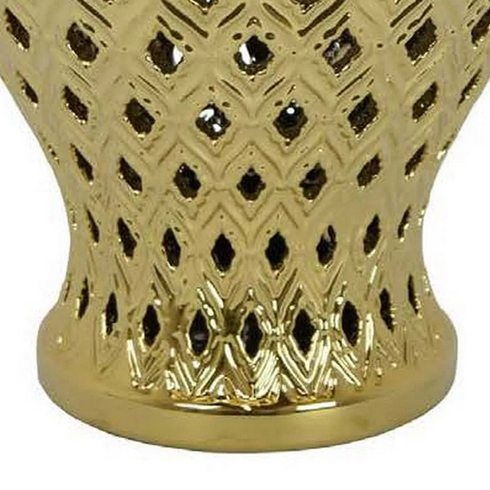 Deni 18 Inch Temple Jar, Pierced, Carved Lattice Design, Lid, Gold By Casagear Home