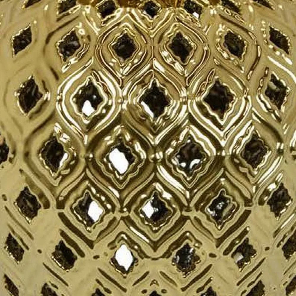 Deni 18 Inch Temple Jar, Pierced, Carved Lattice Design, Lid, Gold By Casagear Home