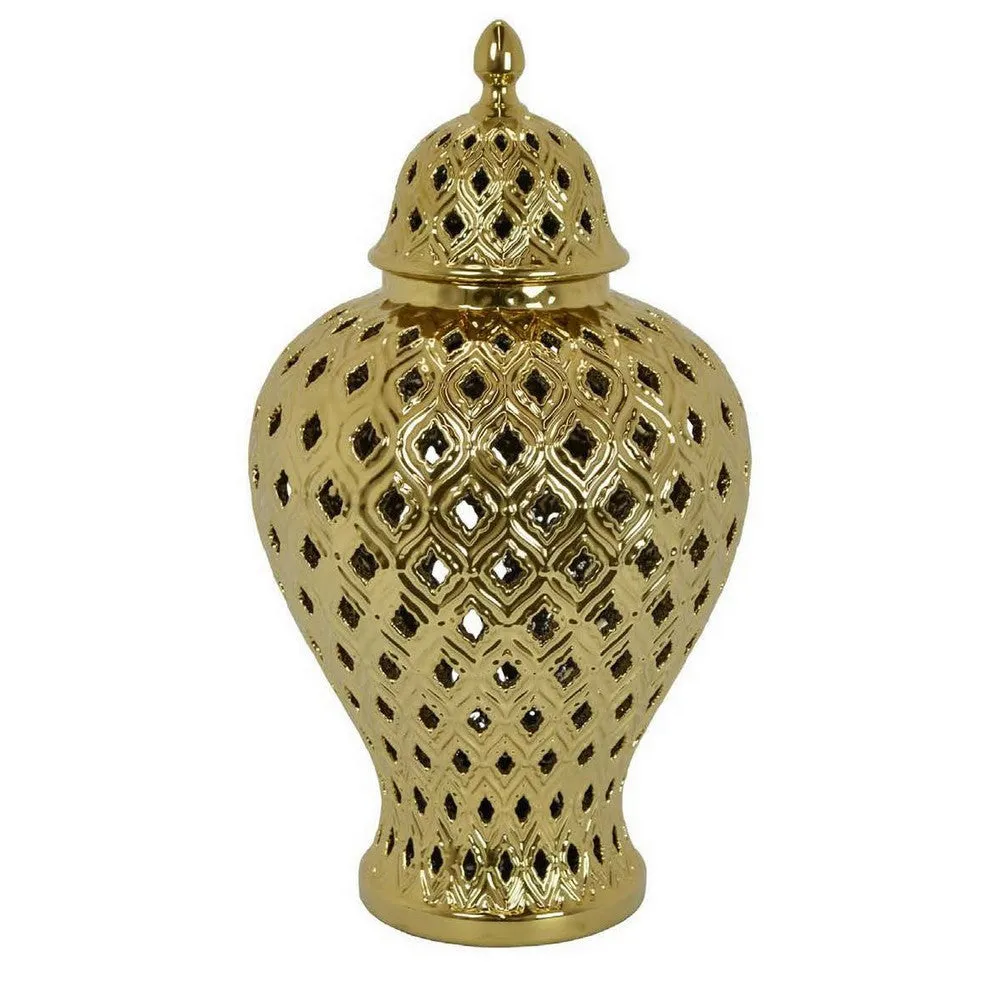 Deni 18 Inch Temple Jar, Pierced, Carved Lattice Design, Lid, Gold By Casagear Home