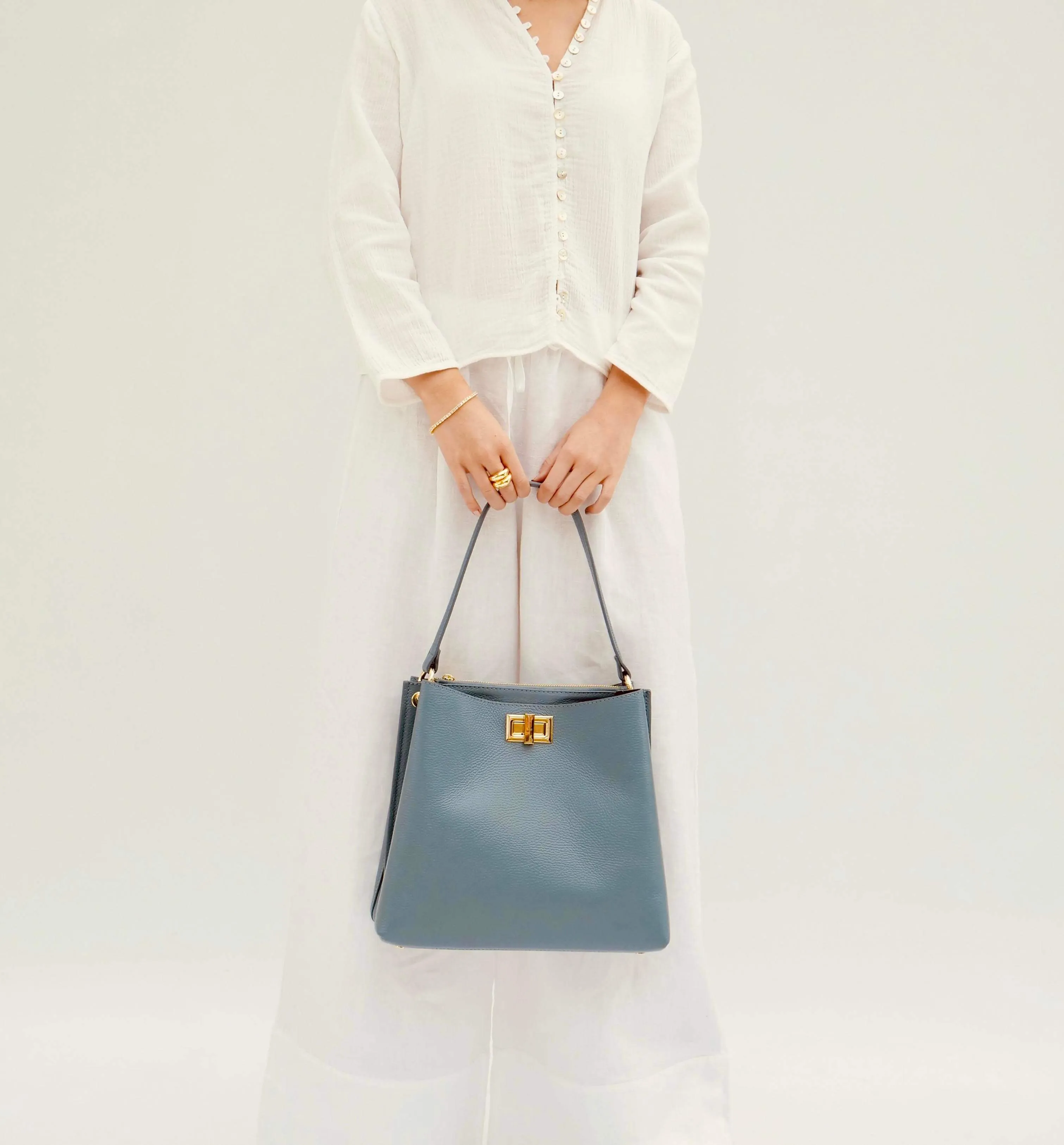 Denim Blue Leather Tote Bag