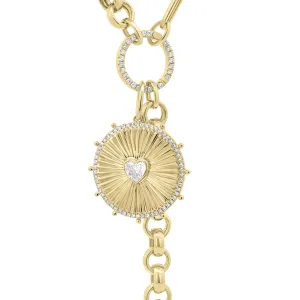 Diamond Heart Ridged Gold Disc Pendant