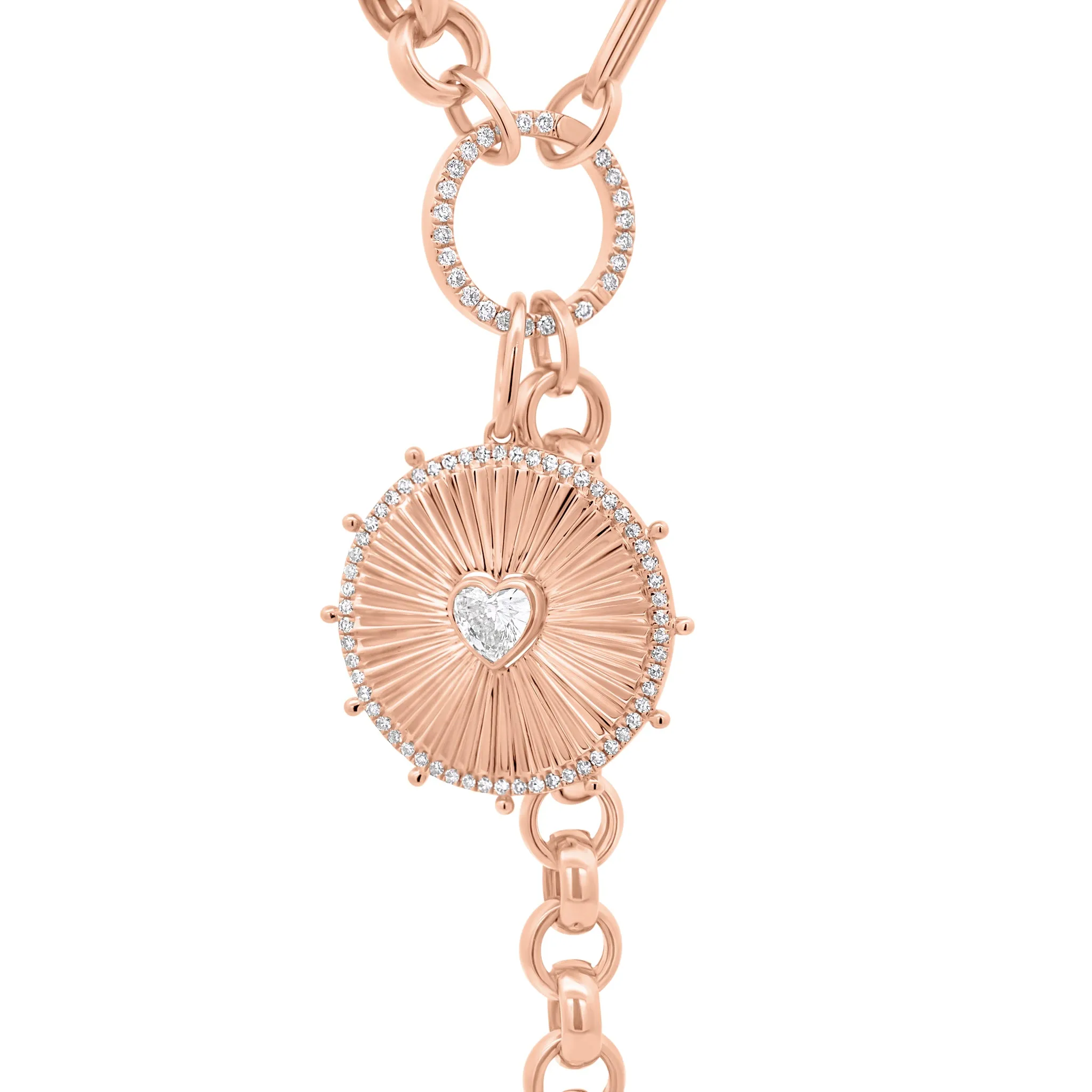 Diamond Heart Ridged Gold Disc Pendant