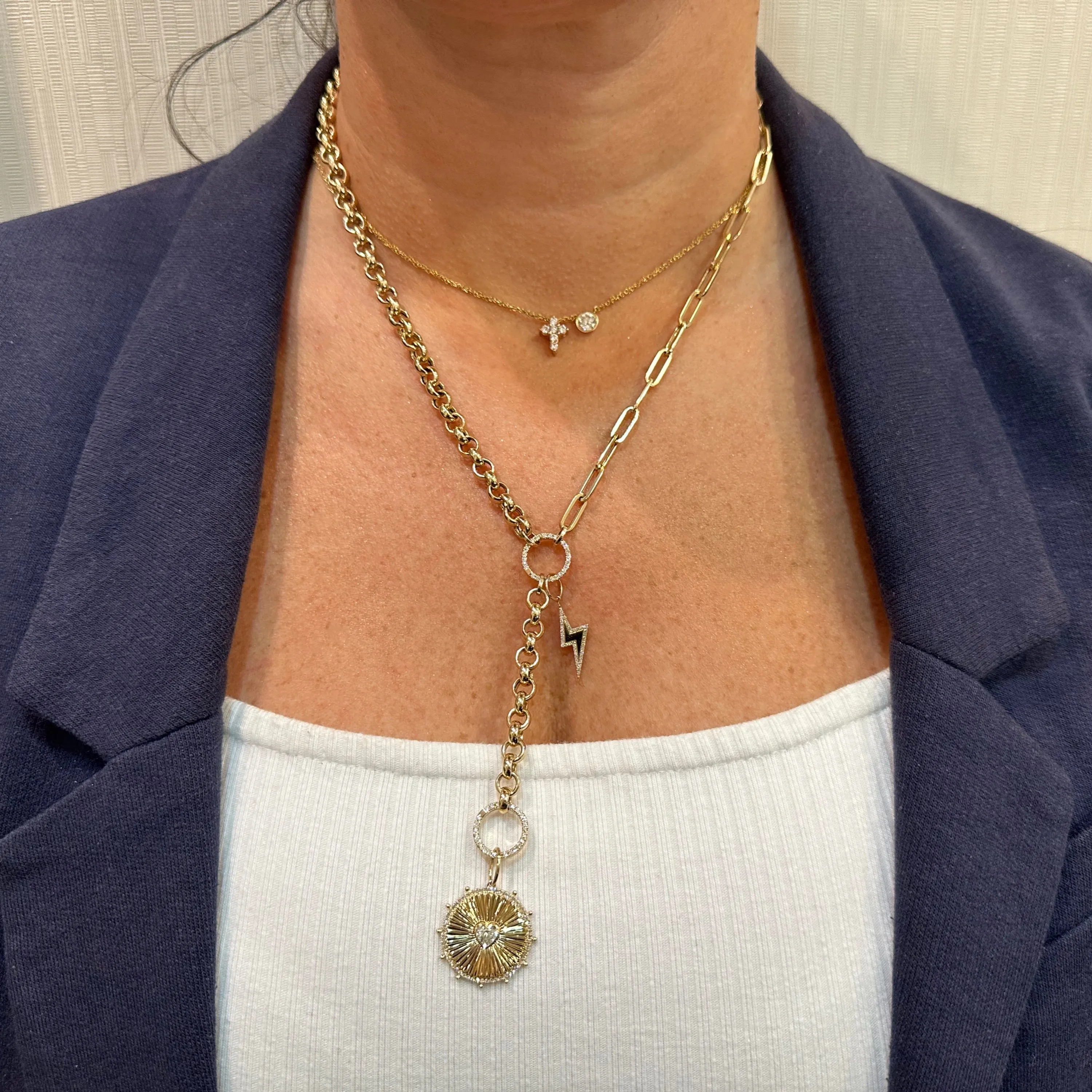 Diamond Heart Ridged Gold Disc Pendant