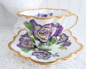 Elegant Purple Rosina Peonies Roses Cup And Saucer 1950s Fancy Shape Brush Gold