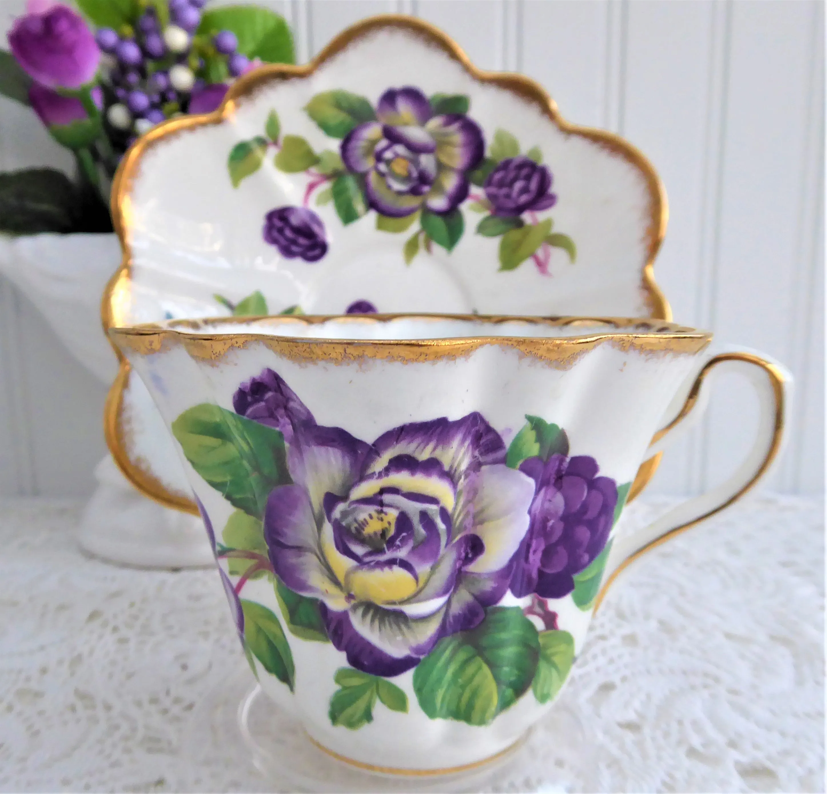 Elegant Purple Rosina Peonies Roses Cup And Saucer 1950s Fancy Shape Brush Gold