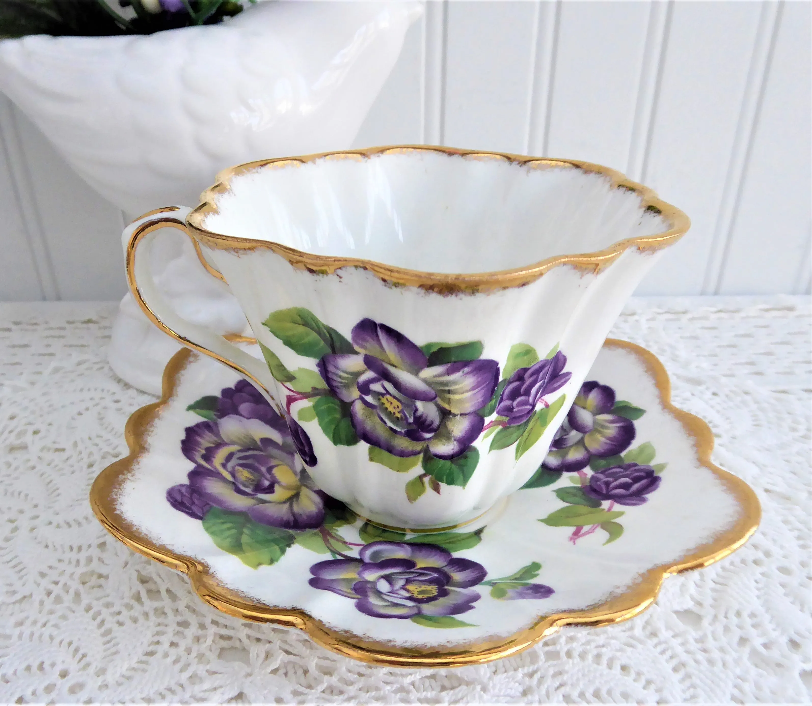 Elegant Purple Rosina Peonies Roses Cup And Saucer 1950s Fancy Shape Brush Gold