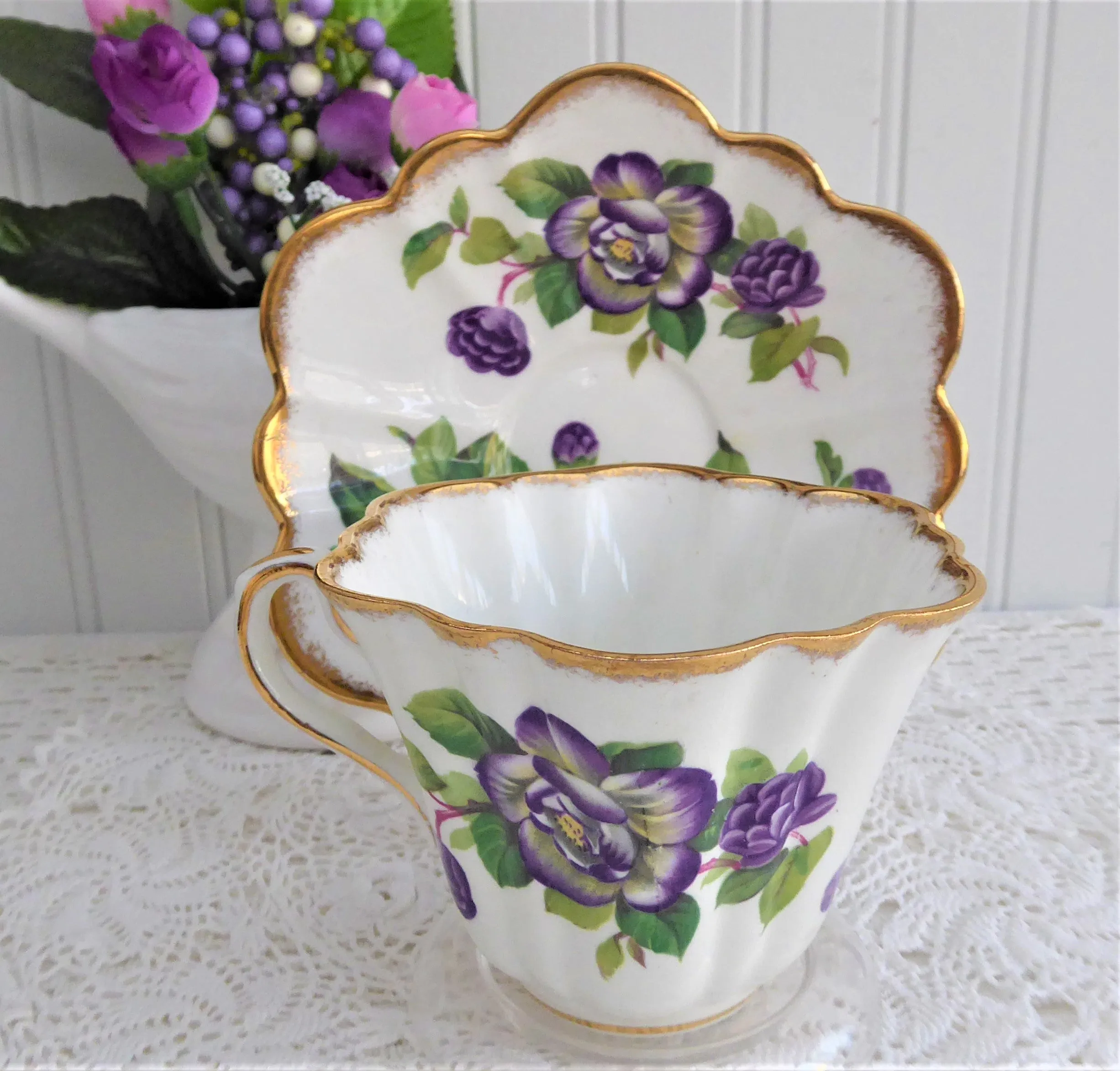 Elegant Purple Rosina Peonies Roses Cup And Saucer 1950s Fancy Shape Brush Gold