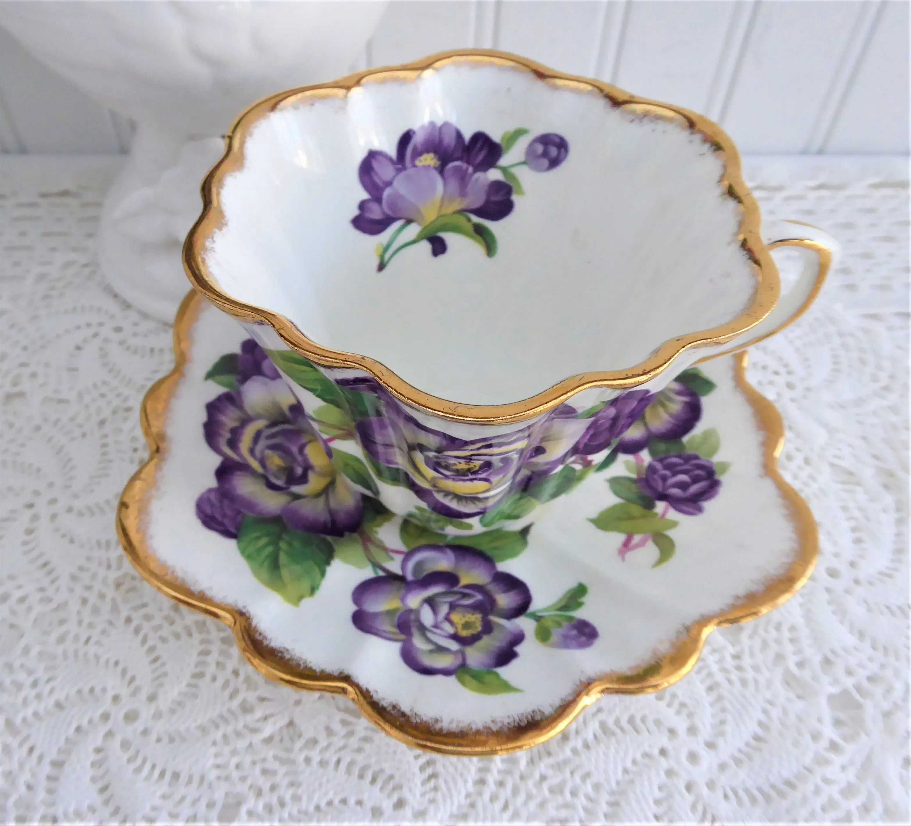Elegant Purple Rosina Peonies Roses Cup And Saucer 1950s Fancy Shape Brush Gold