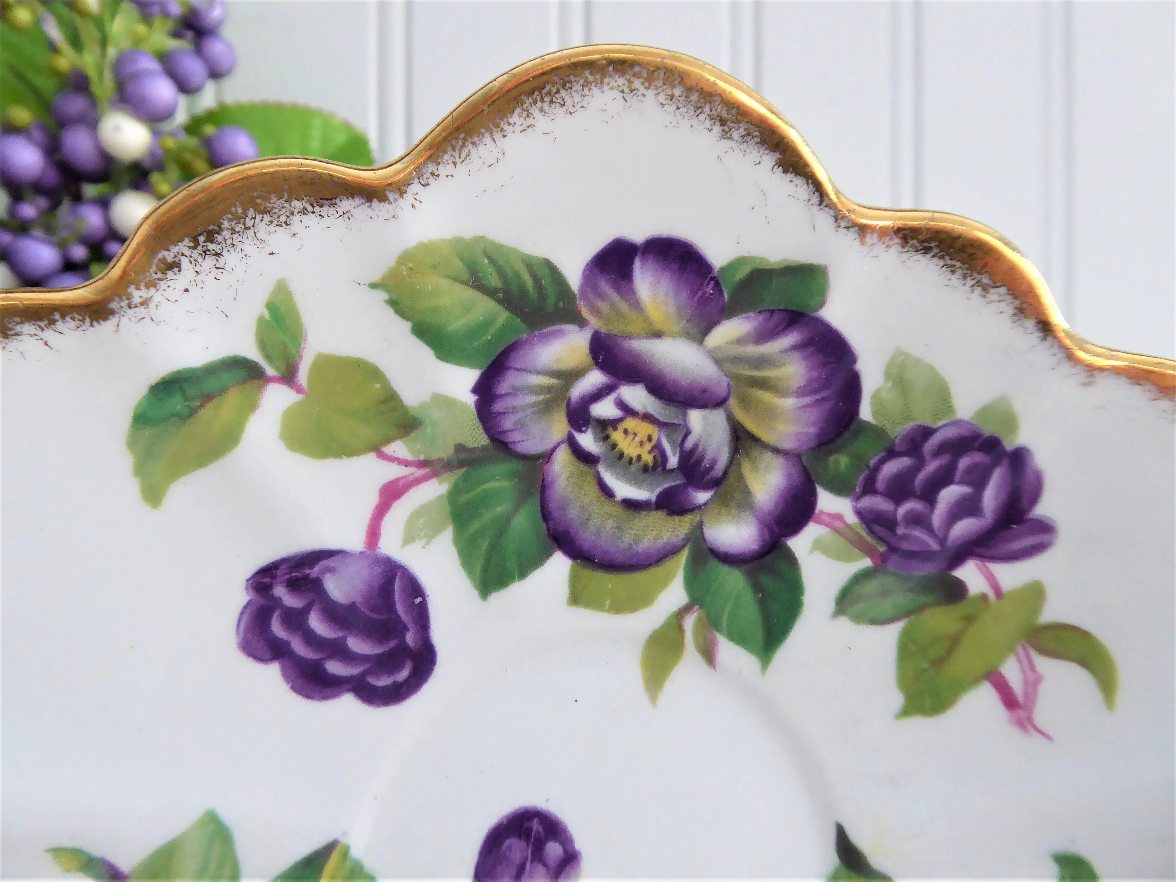 Elegant Purple Rosina Peonies Roses Cup And Saucer 1950s Fancy Shape Brush Gold