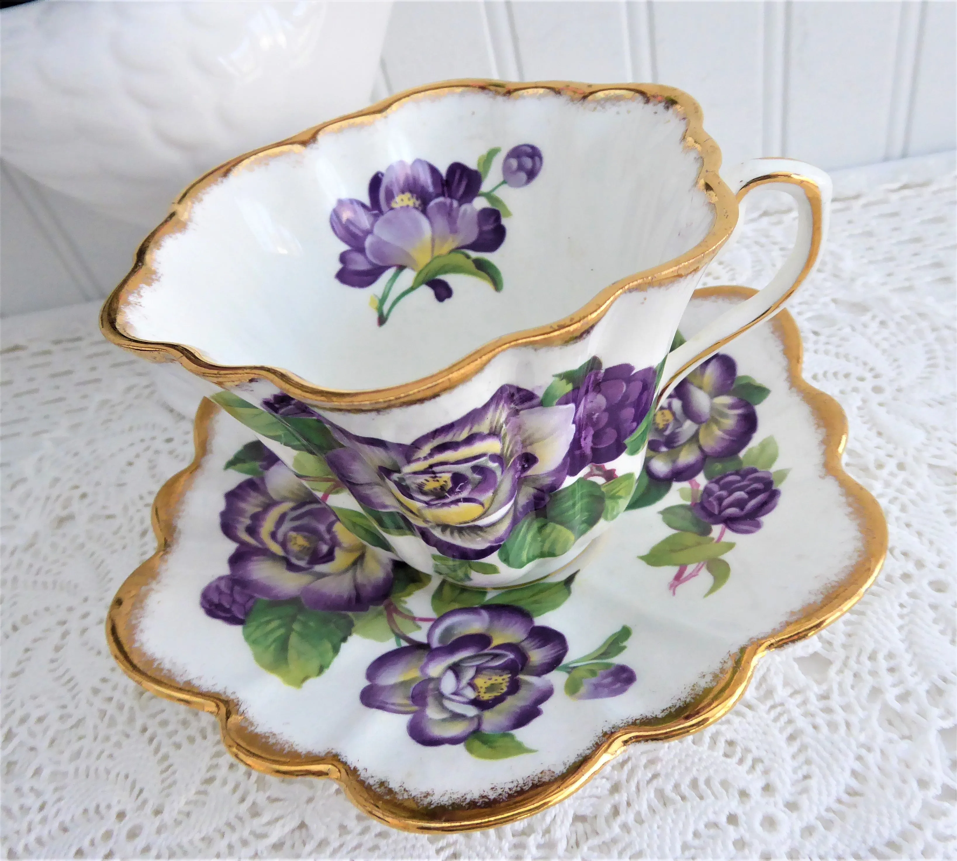 Elegant Purple Rosina Peonies Roses Cup And Saucer 1950s Fancy Shape Brush Gold