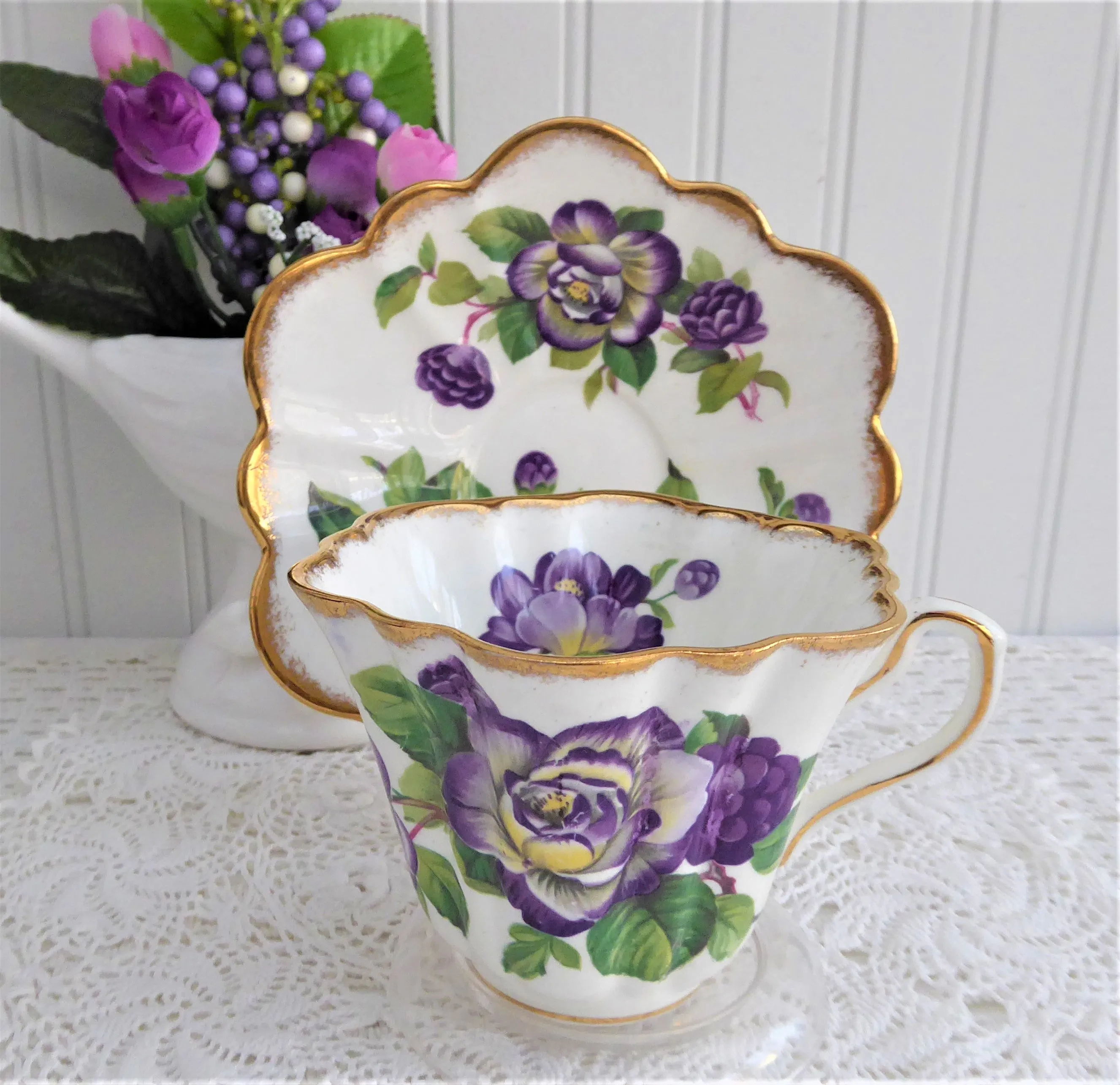 Elegant Purple Rosina Peonies Roses Cup And Saucer 1950s Fancy Shape Brush Gold