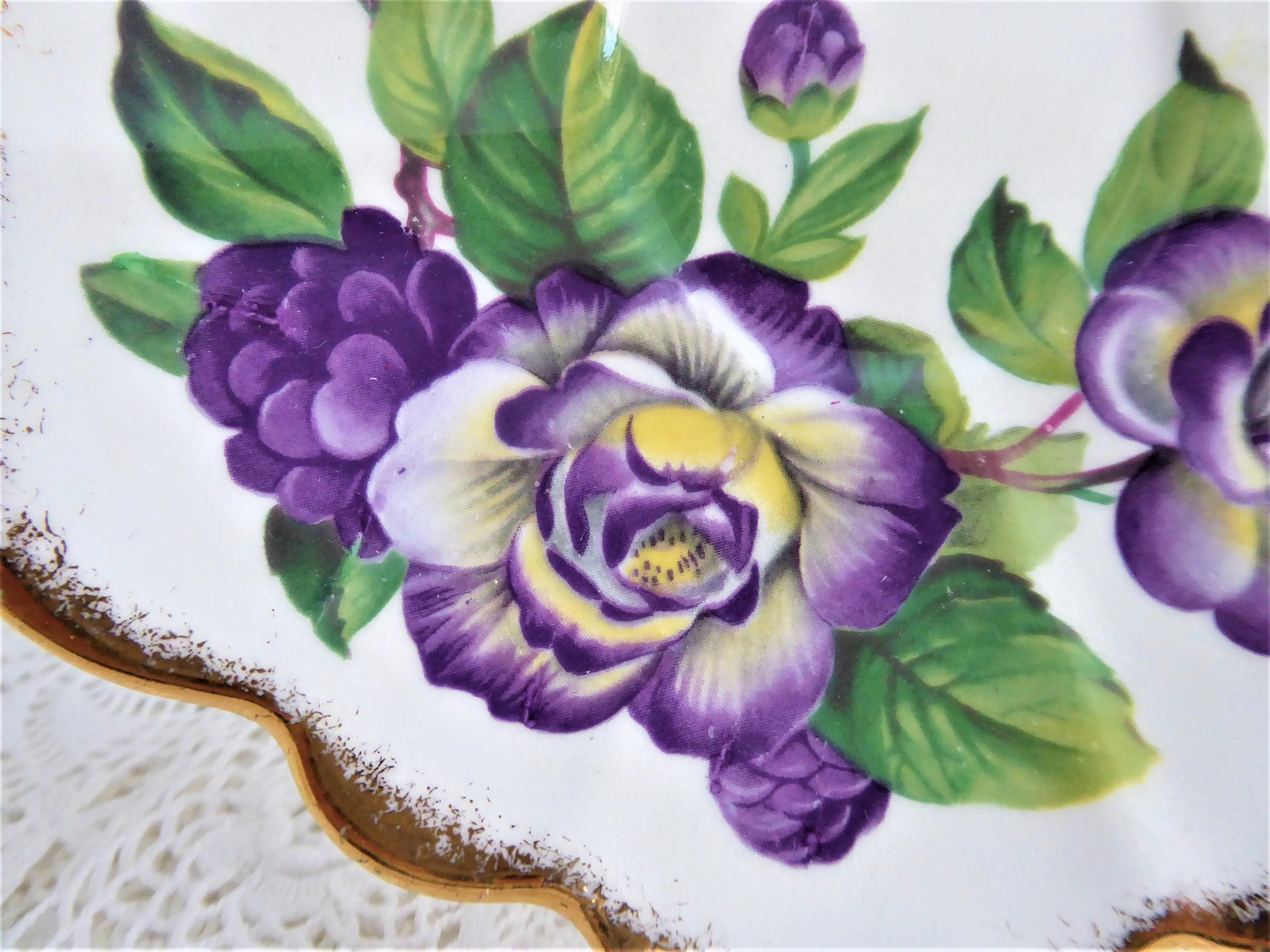 Elegant Purple Rosina Peonies Roses Cup And Saucer 1950s Fancy Shape Brush Gold