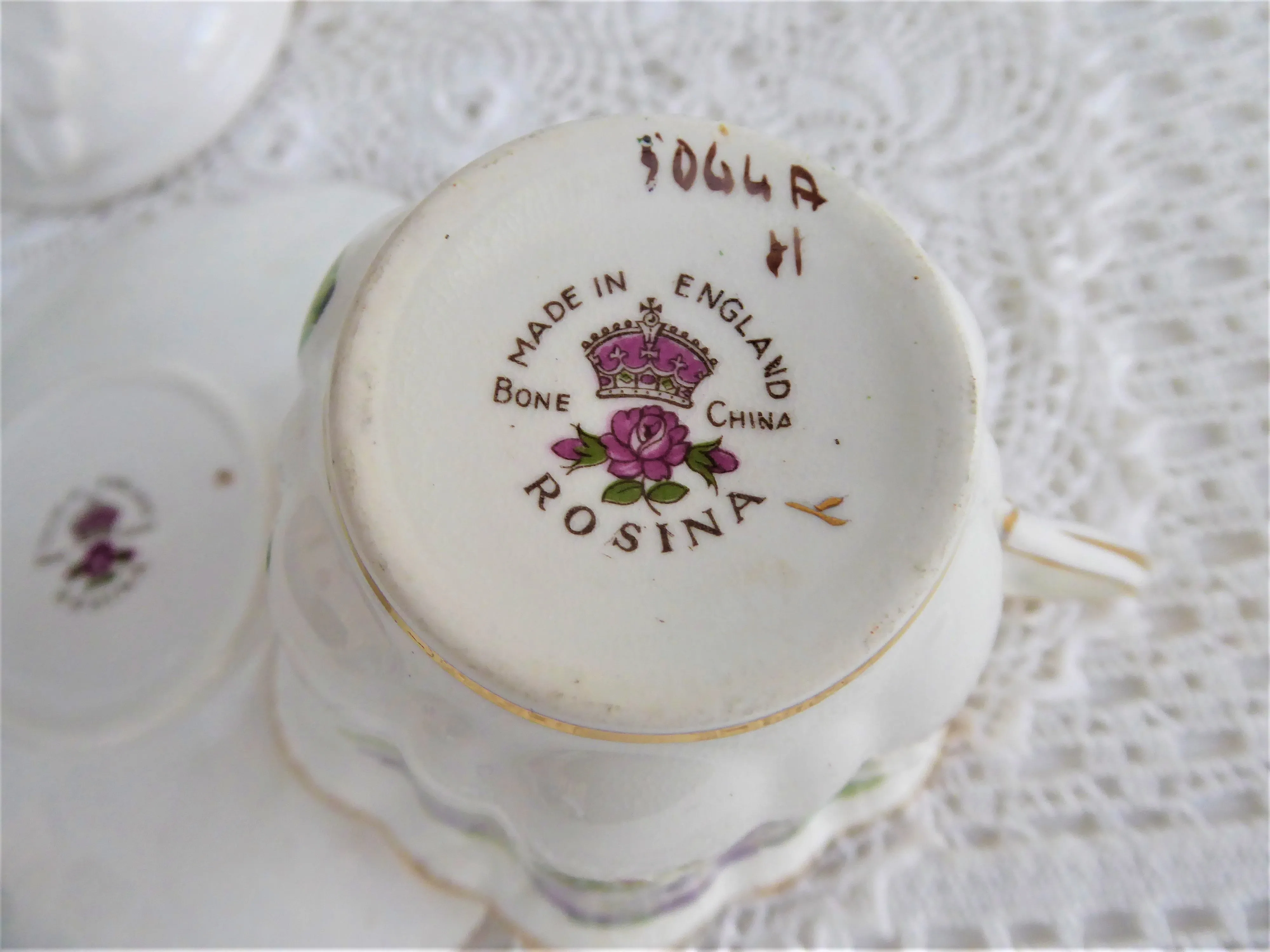 Elegant Purple Rosina Peonies Roses Cup And Saucer 1950s Fancy Shape Brush Gold