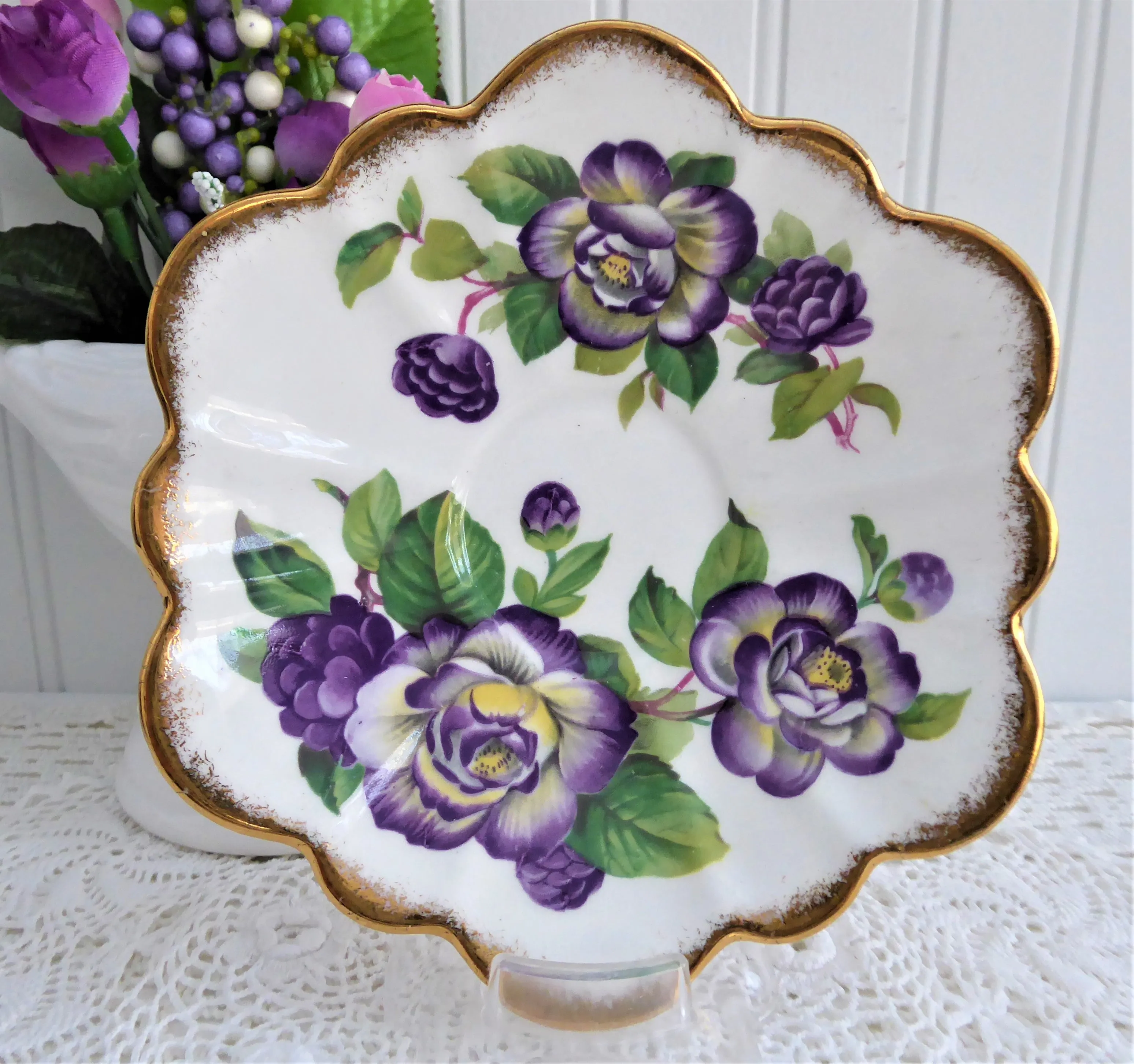 Elegant Purple Rosina Peonies Roses Cup And Saucer 1950s Fancy Shape Brush Gold
