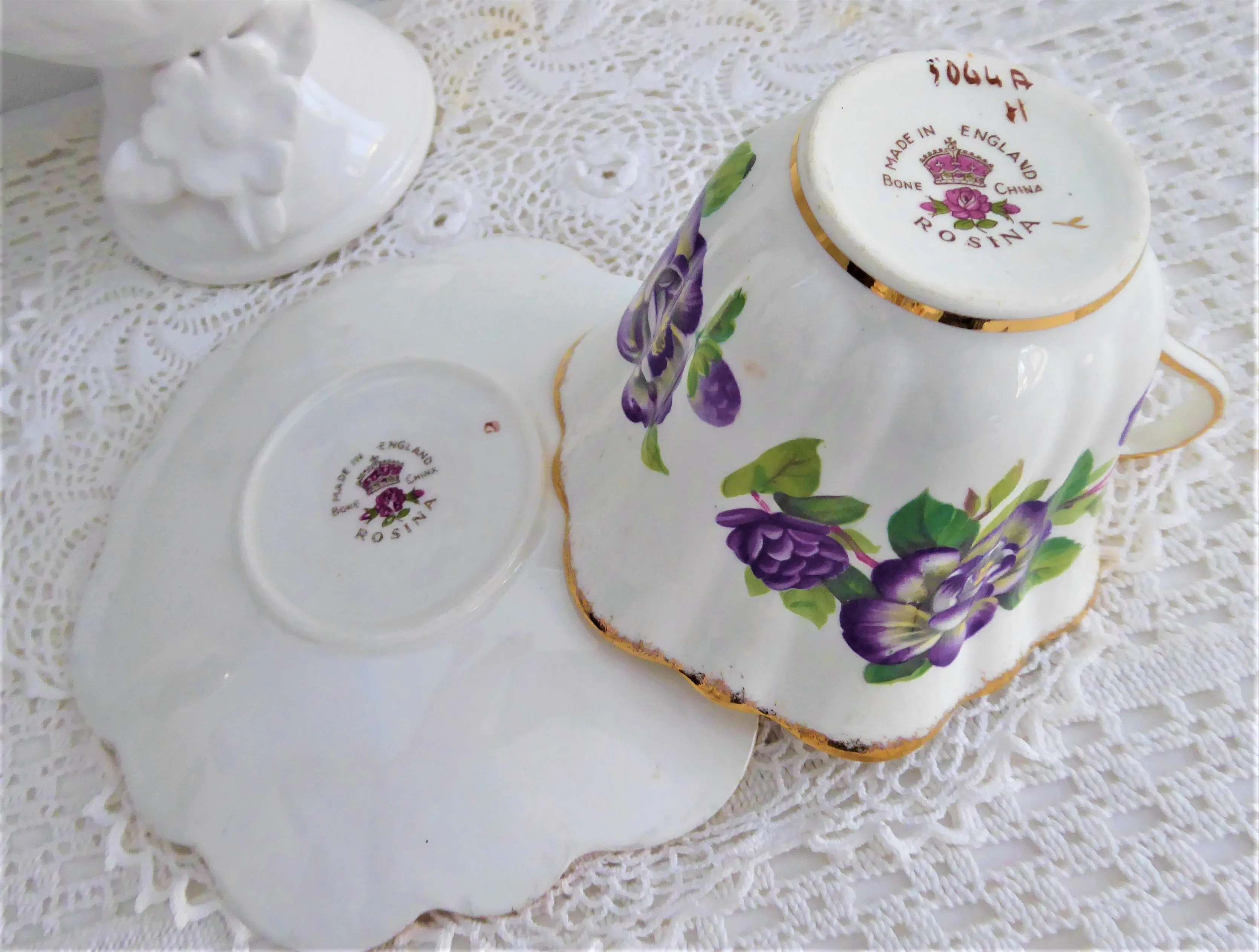 Elegant Purple Rosina Peonies Roses Cup And Saucer 1950s Fancy Shape Brush Gold
