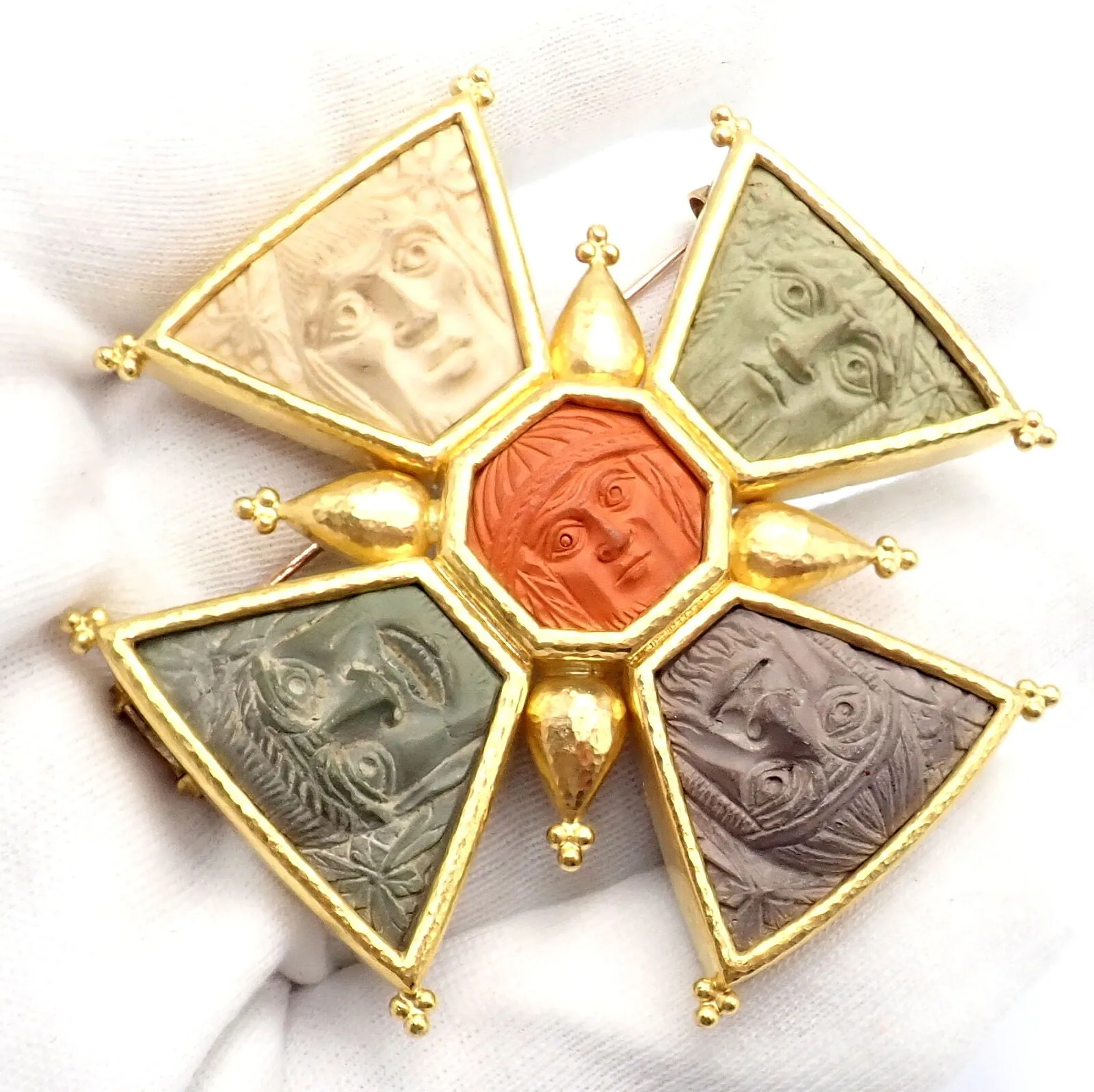 Elizabeth Locke 18k Yellow Gold Bomarzo 5 Faces Maltese Cross Brooch Pendant