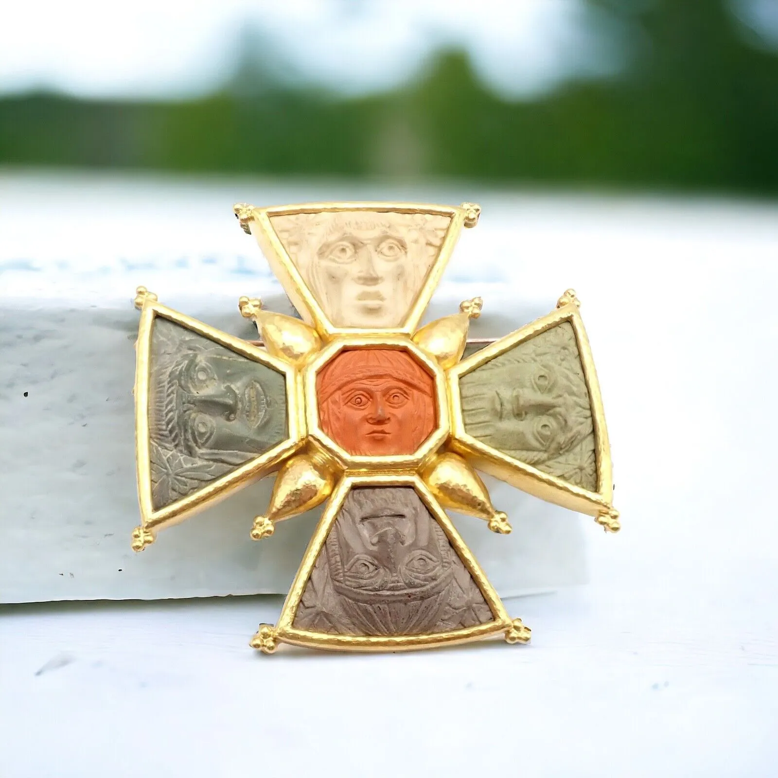Elizabeth Locke 18k Yellow Gold Bomarzo 5 Faces Maltese Cross Brooch Pendant