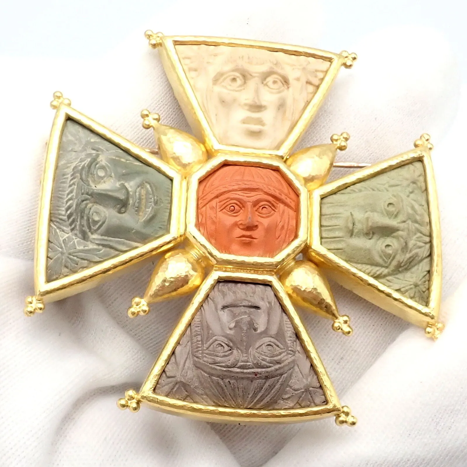 Elizabeth Locke 18k Yellow Gold Bomarzo 5 Faces Maltese Cross Brooch Pendant