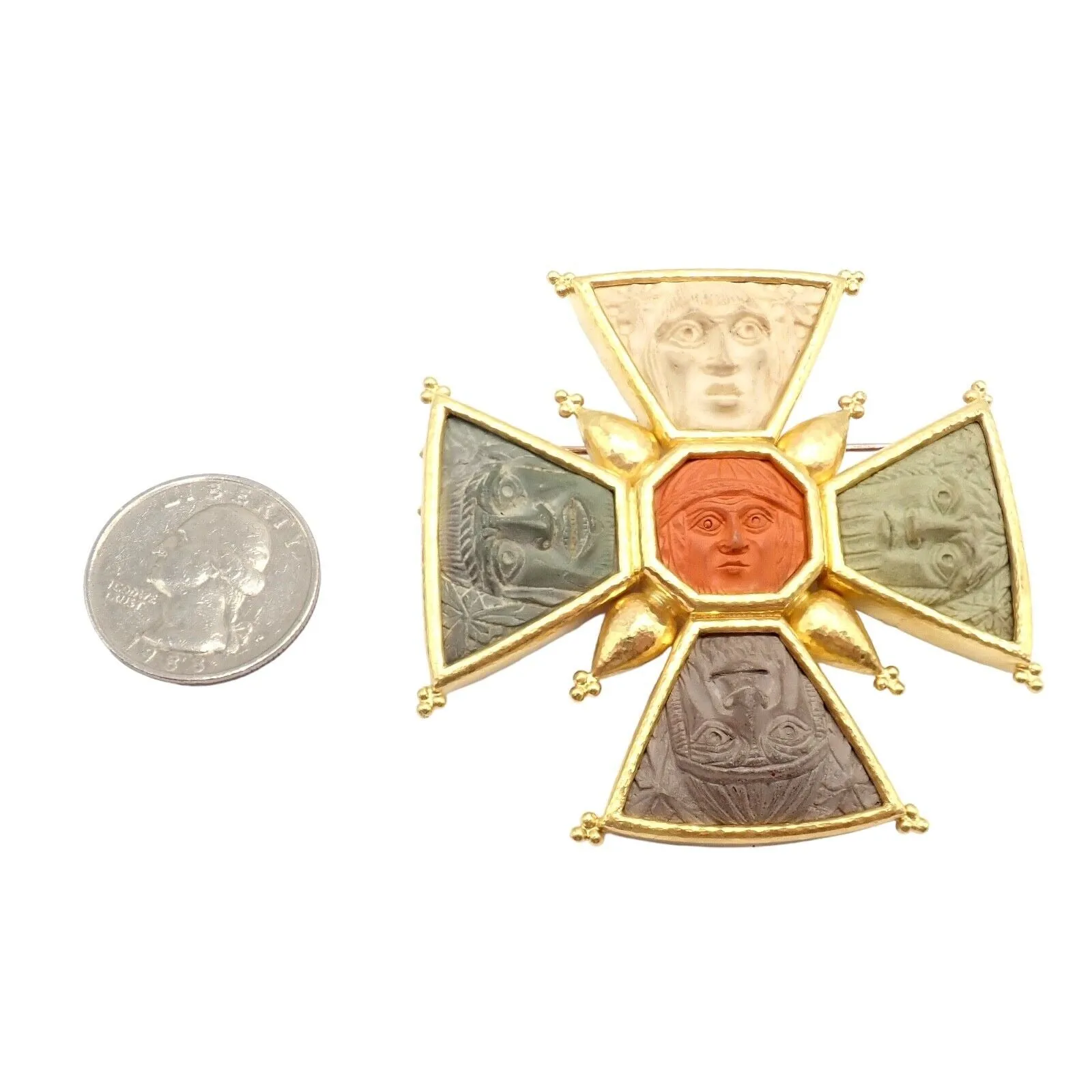 Elizabeth Locke 18k Yellow Gold Bomarzo 5 Faces Maltese Cross Brooch Pendant