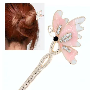 Enamel Butterfly Hair Stick with Rhinestones